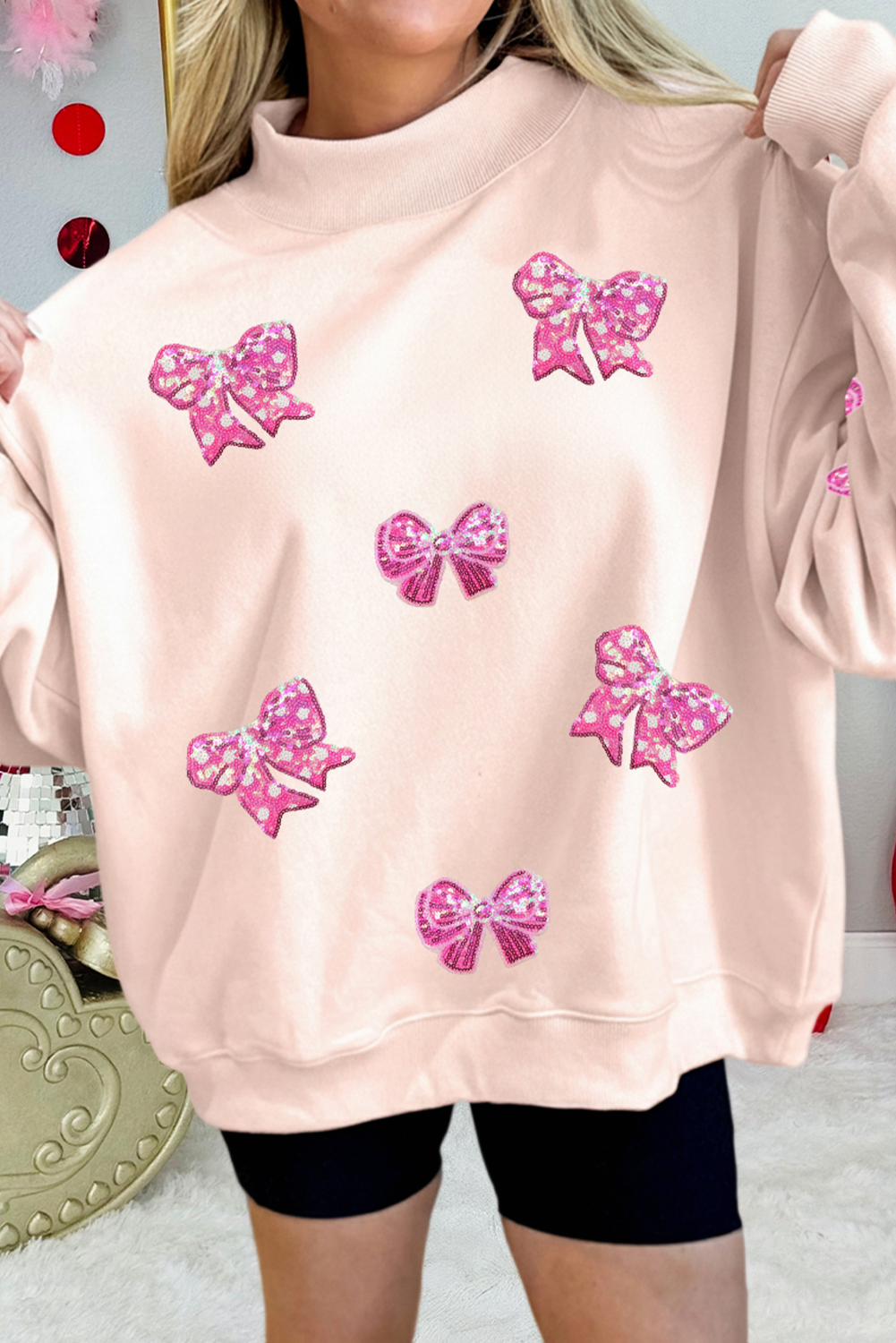 Adorable Sequin Bow Mock Neck Sweatshirt (S-Xl) T-Shirts, Hoodie | PodTeesHub.com