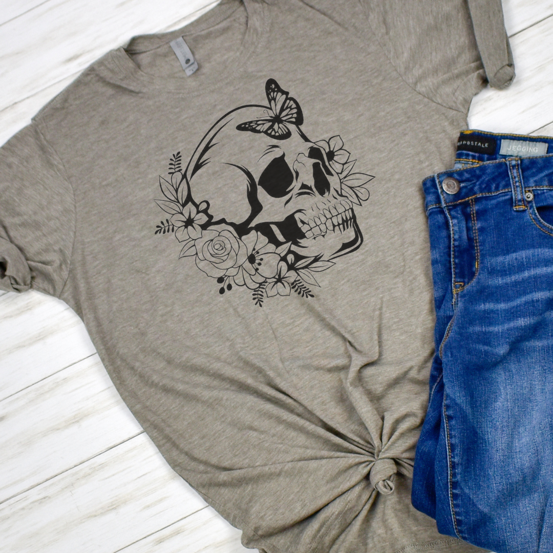 Skull, Butterfly and Flowers Graphic T-Shirt Hoodie, Sweatshirt | PodTeesHub.com