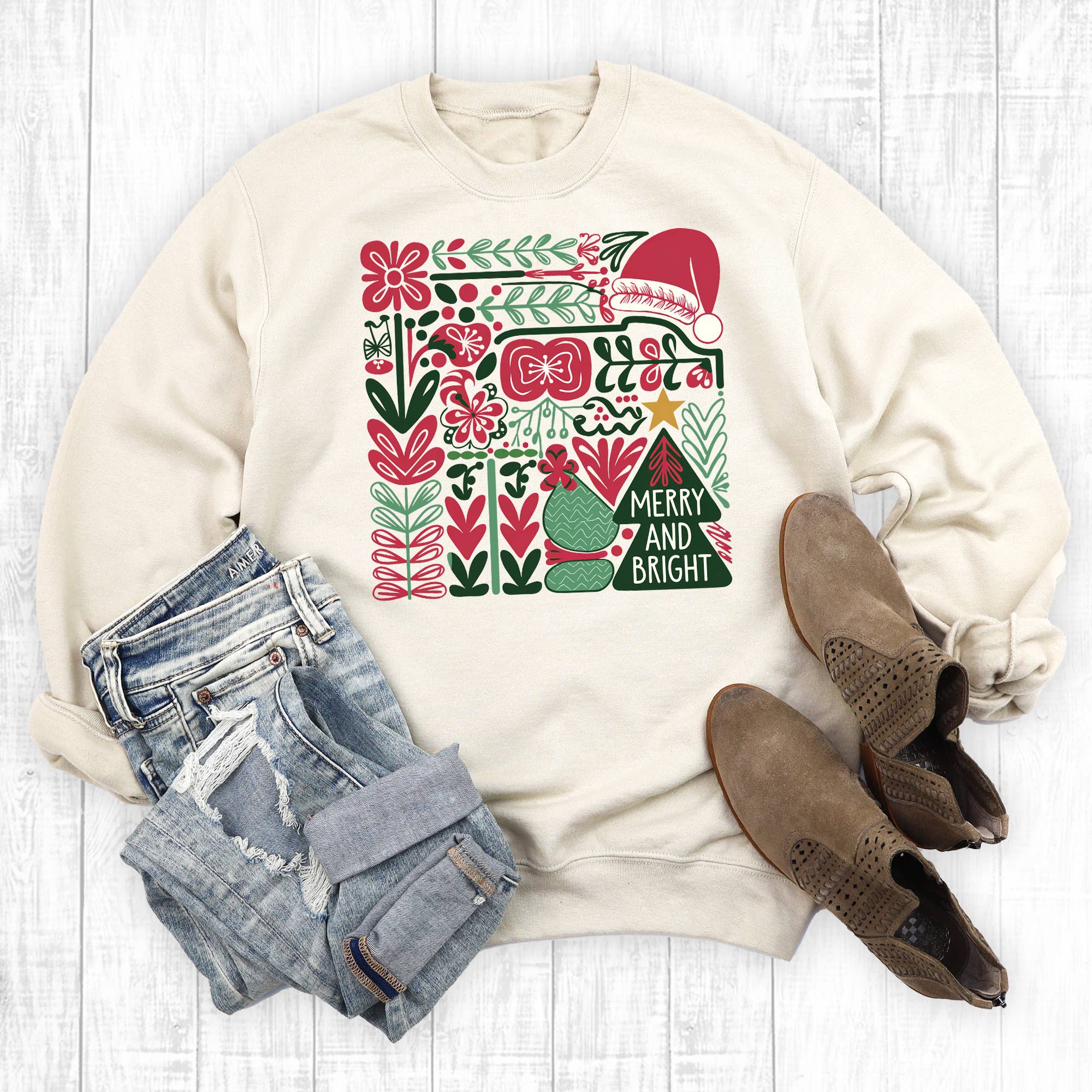Retro Floral Merry and Bright Christmas Graphic Sweatshirt T-Shirts, Hoodie | PodTeesHub.com