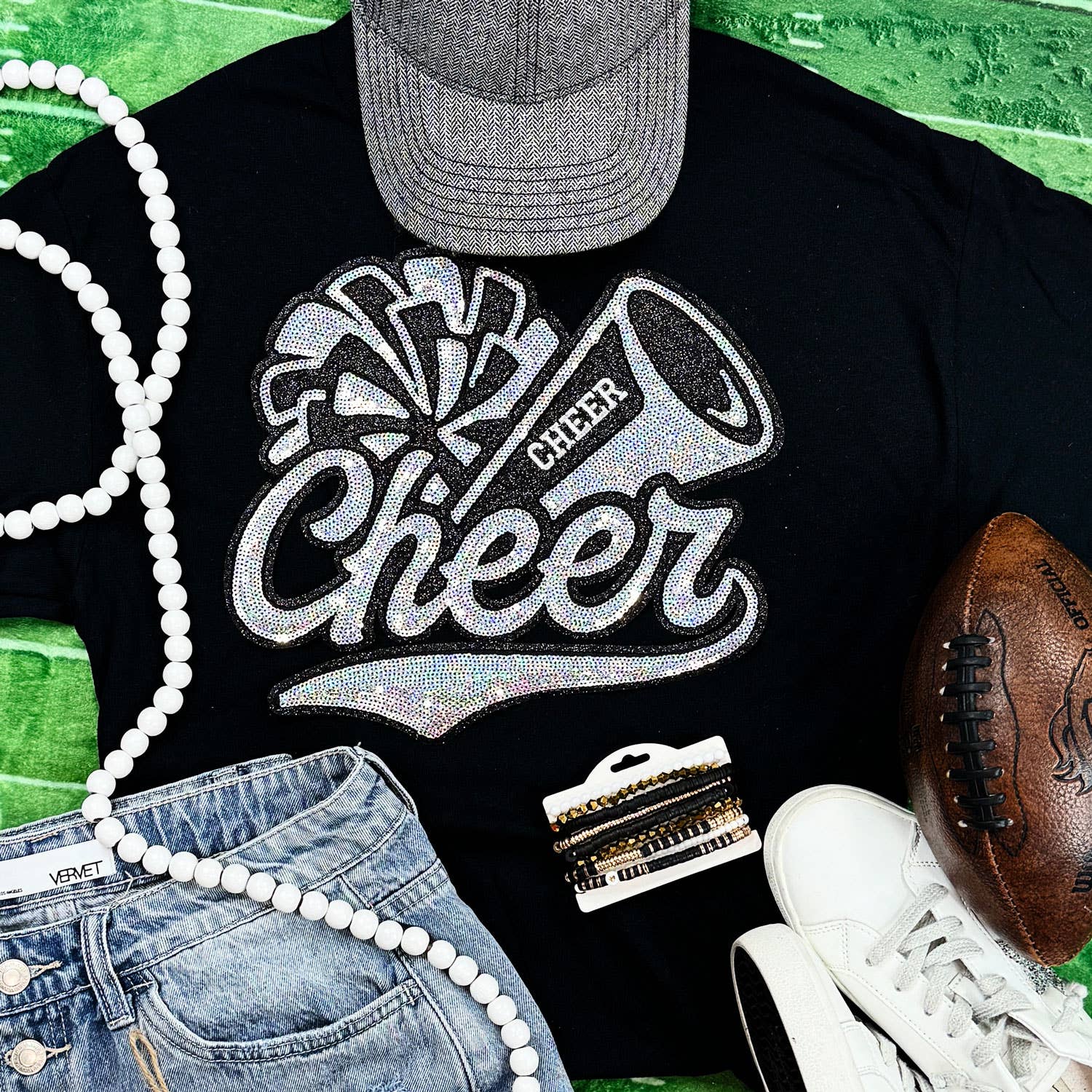Cheer Pom and Megaphone Black/Silver Sequin Patch Black Everyday Tee Hoodie, Sweatshirt | PodTeesHub.com