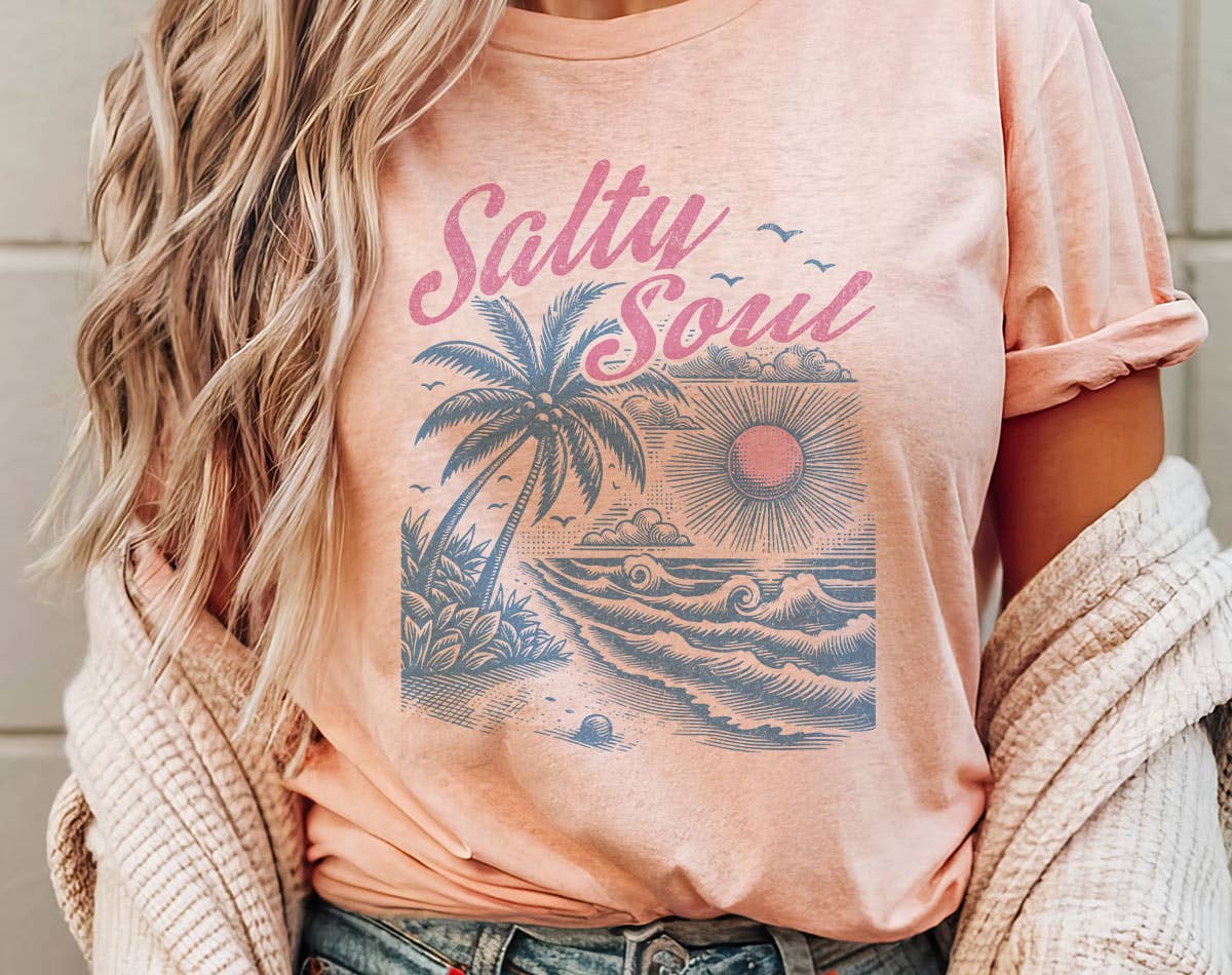 Salty Soul Beach Palm Tree -  Retro Beach Graphic T-Shirt Hoodie, Sweatshirt | PodTeesHub.com