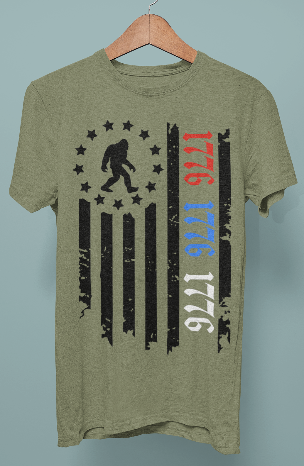 Patriotic 1776 Bigfoot Flag Shirt - Heather Military Green Hoodie, Sweatshirt | PodTeesHub.com