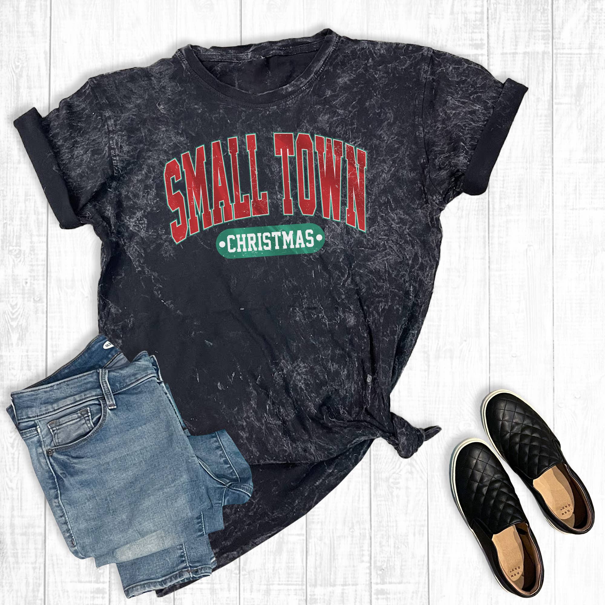 Small Town Christmas Mineral Wash Graphic Tee Hoodie, Sweatshirt | PodTeesHub.com