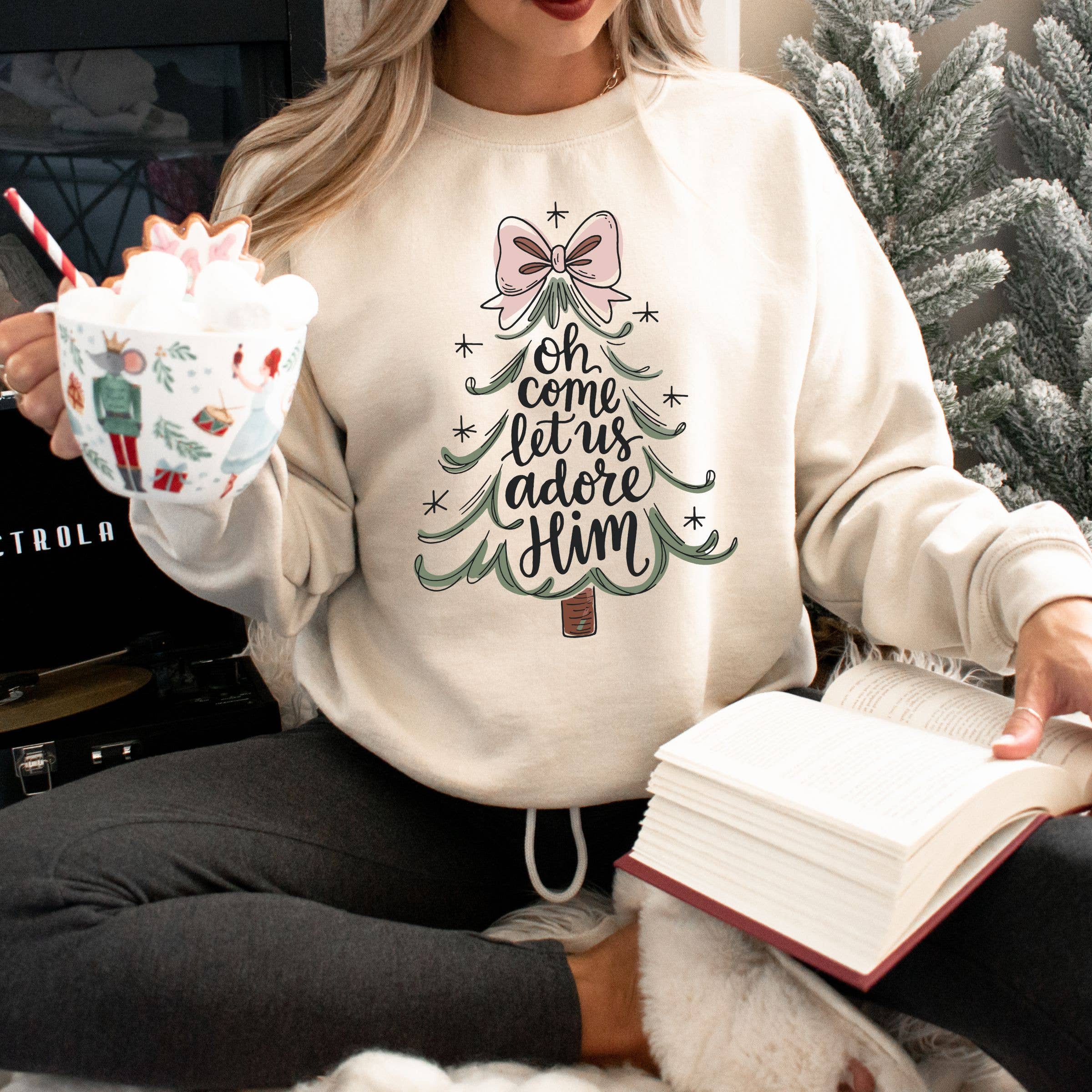 Oh Come Let Us Adore Him Christmas Sweatshirt - Graphic Tee Hoodie | PodTeesHub.com