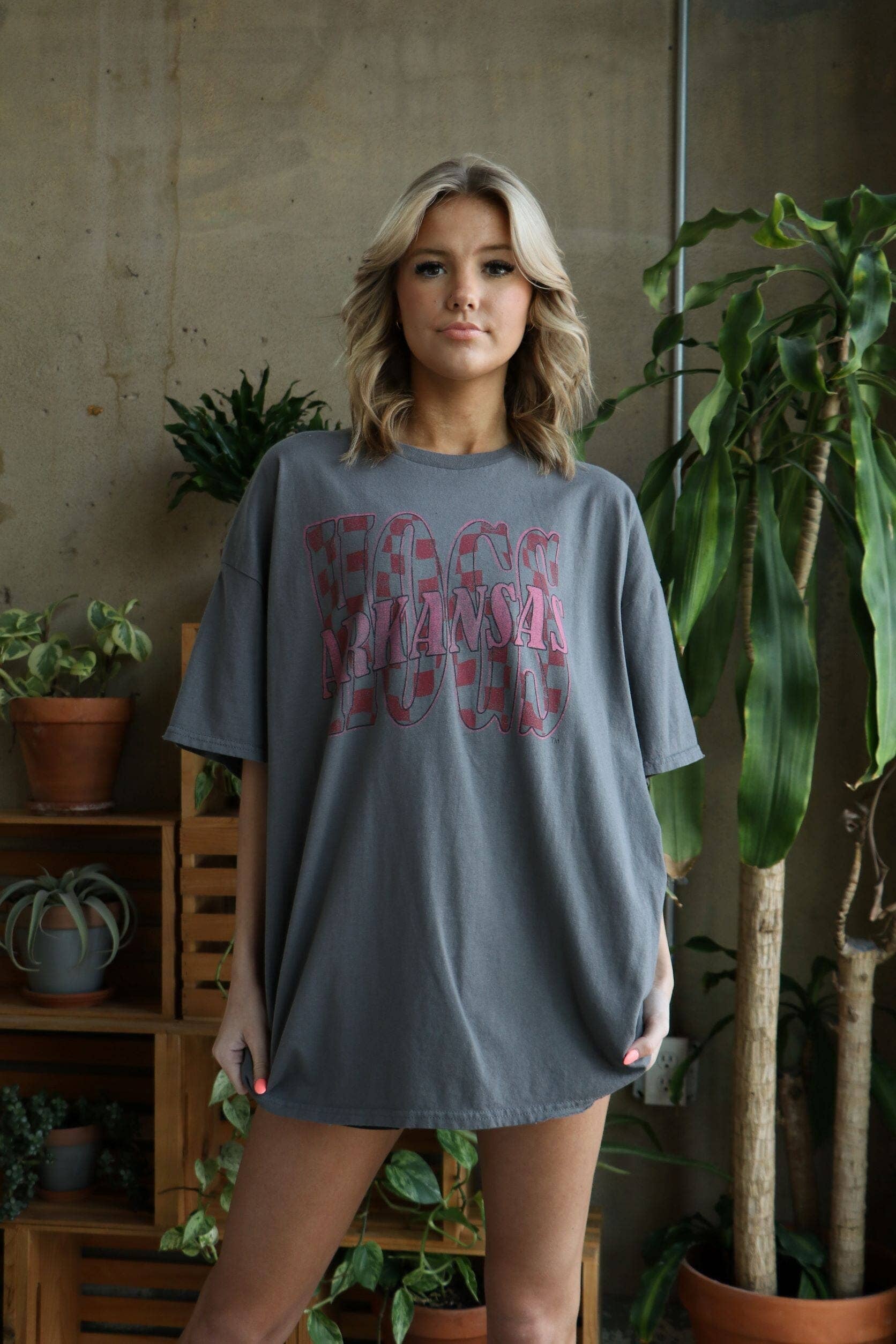 Arkansas Razorbacks Twisted Check Charcoal Thrifted Tee Hoodie, Sweatshirt | PodTeesHub.com