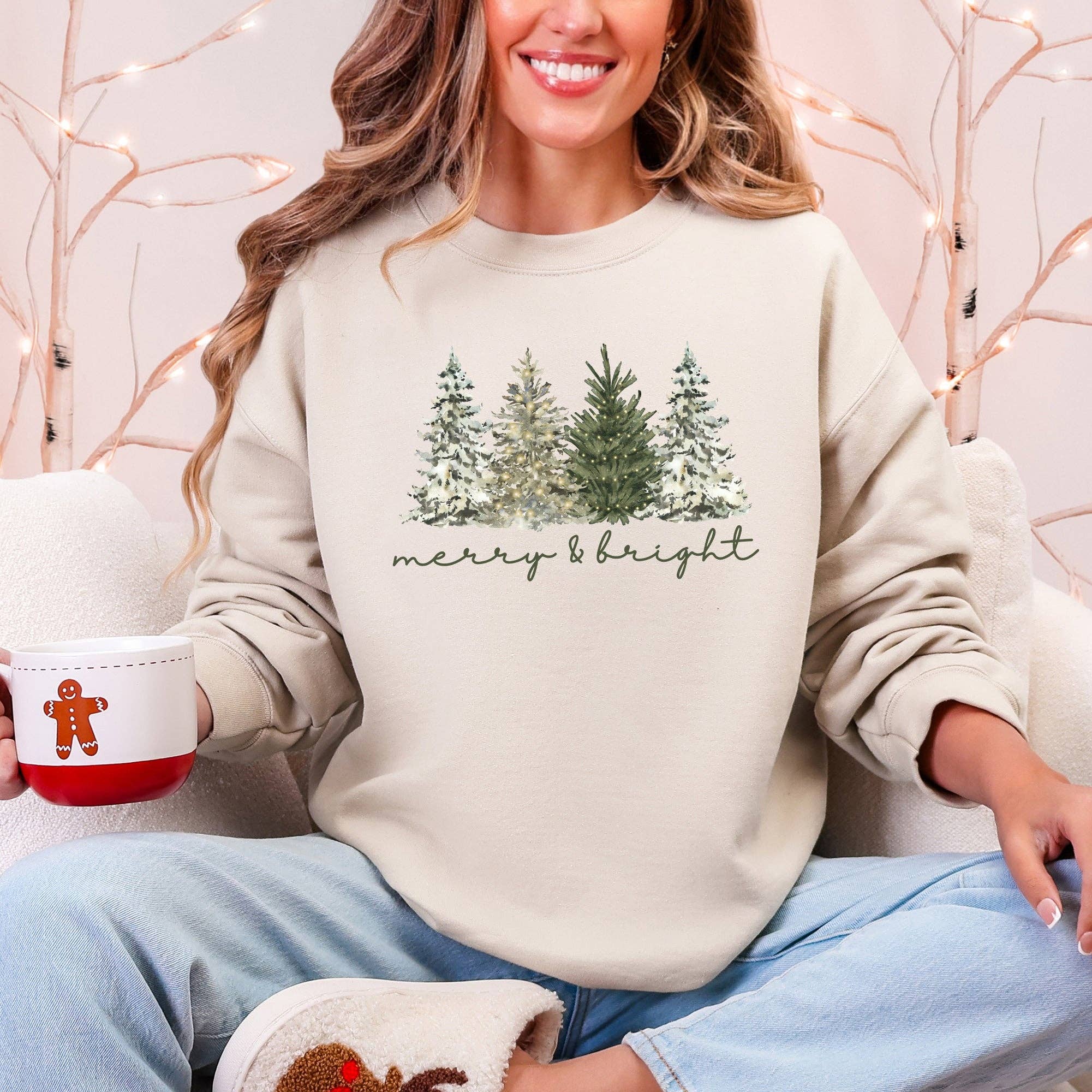 Merry and Bright Christmas Trees Santa Snowflakes Sweatshirt T-Shirts, Hoodie | PodTeesHub.com