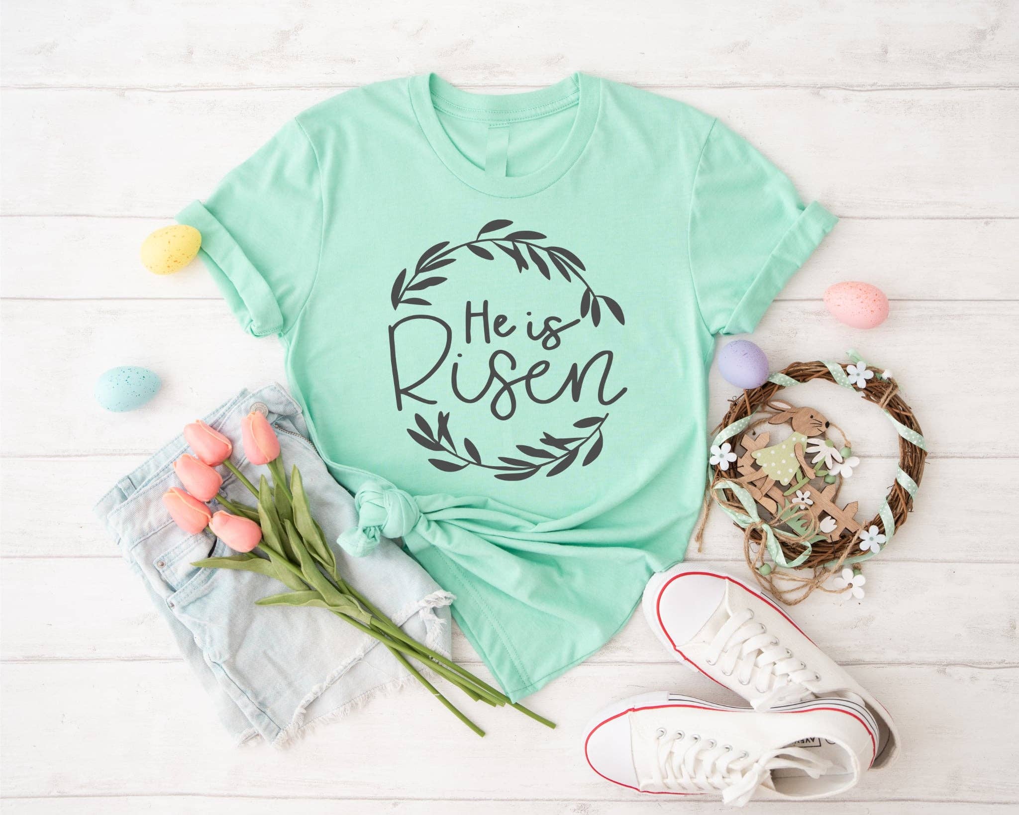 Easter He Is Risen Wreath Mint Bella Graphic Tee Free Ship Hoodie, Sweatshirt | PodTeesHub.com