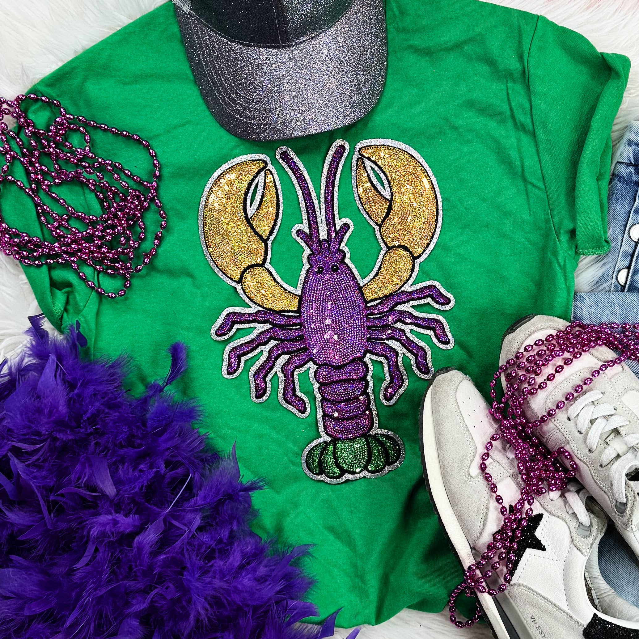Mardi Gras Crawfish Sequin Patch Tee Hoodie, Sweatshirt | PodTeesHub.com