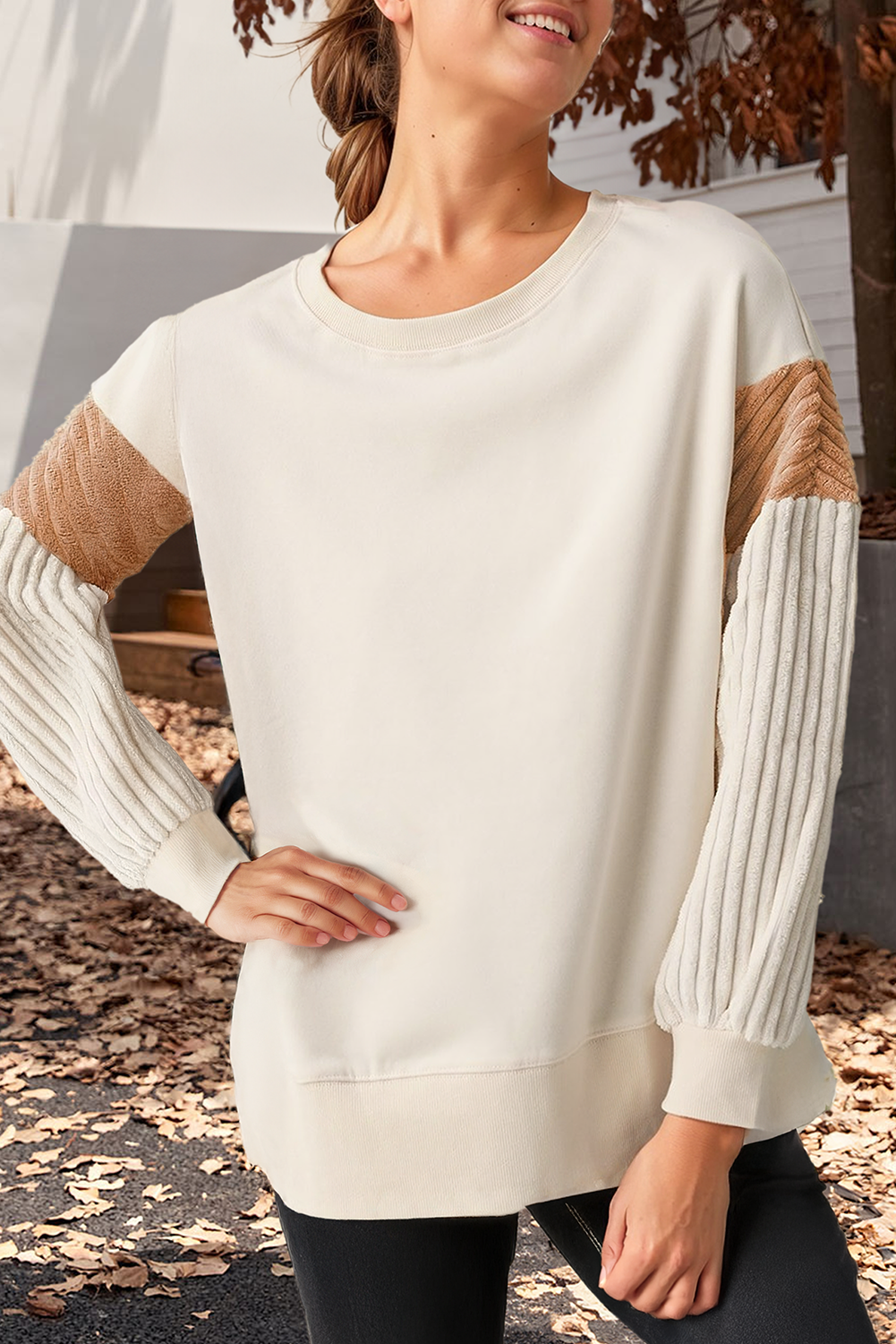 Patchwork Corduroy Long Sleeve Crew Neck Sweatshirt (S-Xl) T-Shirts, Hoodie | PodTeesHub.com