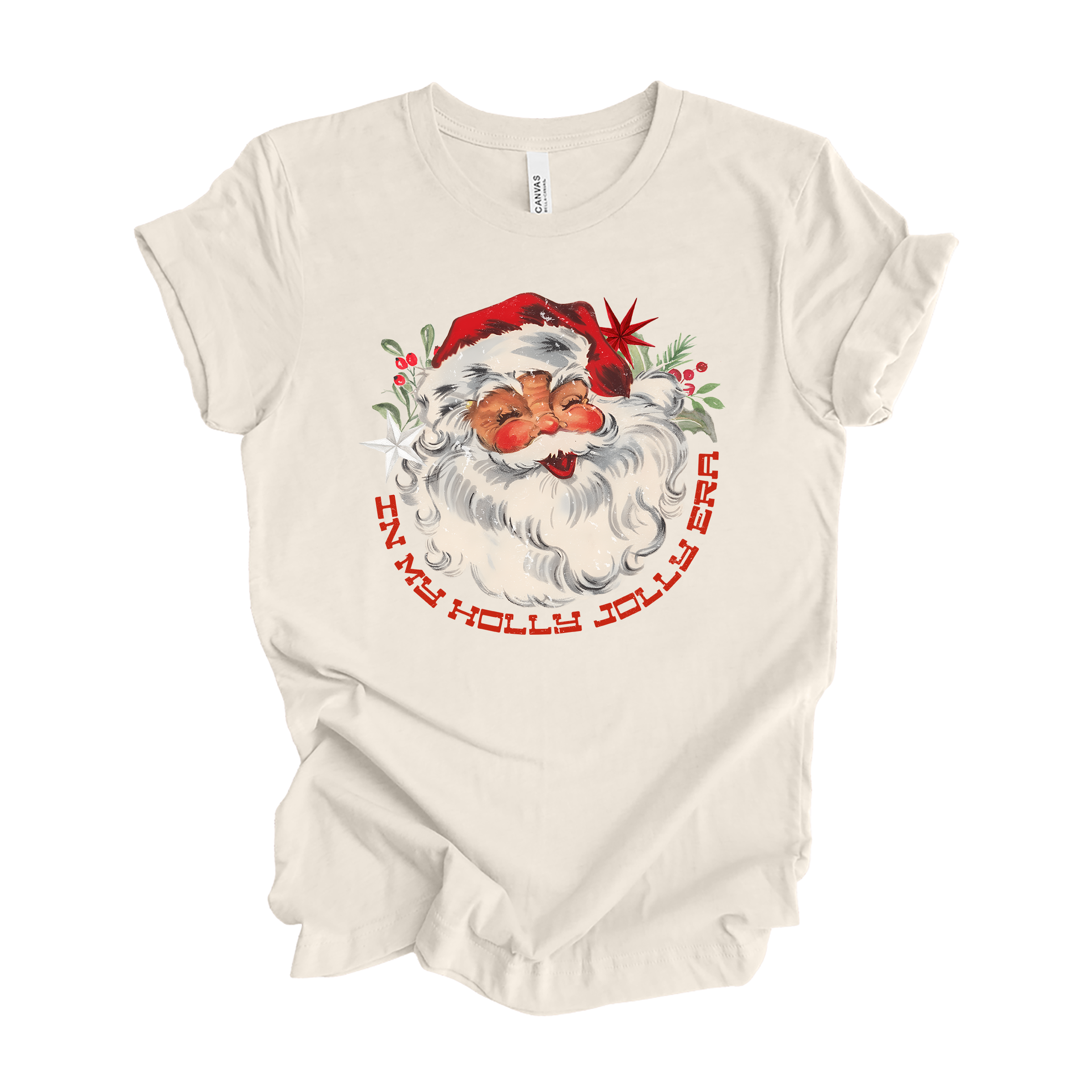 In My Holly Jolly Era Santa Heather Natural Tee Hoodie, Sweatshirt | PodTeesHub.com