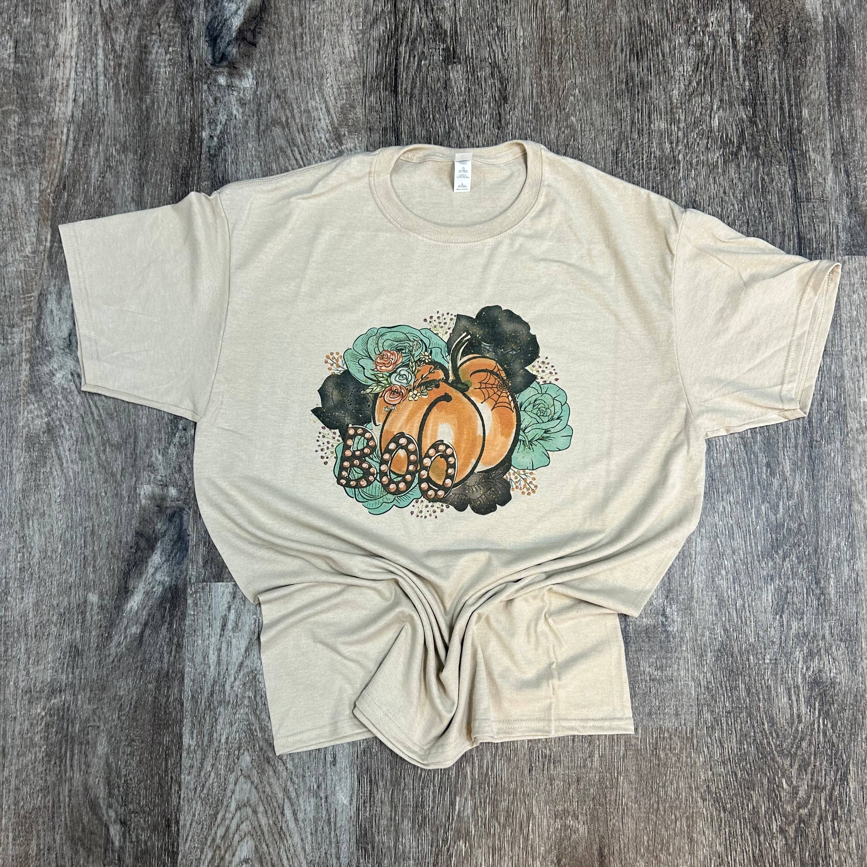 Boo Pumpkin with Flowers On Sand Tee Hoodie, Sweatshirt | PodTeesHub.com