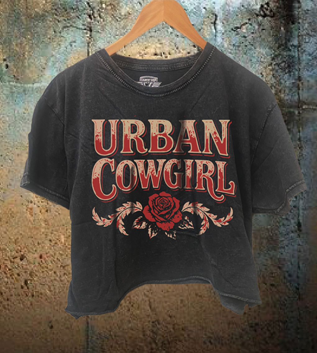 Urban Cowgirl Relaxed Cropped Acid Wash T-Shirt Hoodie, Sweatshirt | PodTeesHub.com