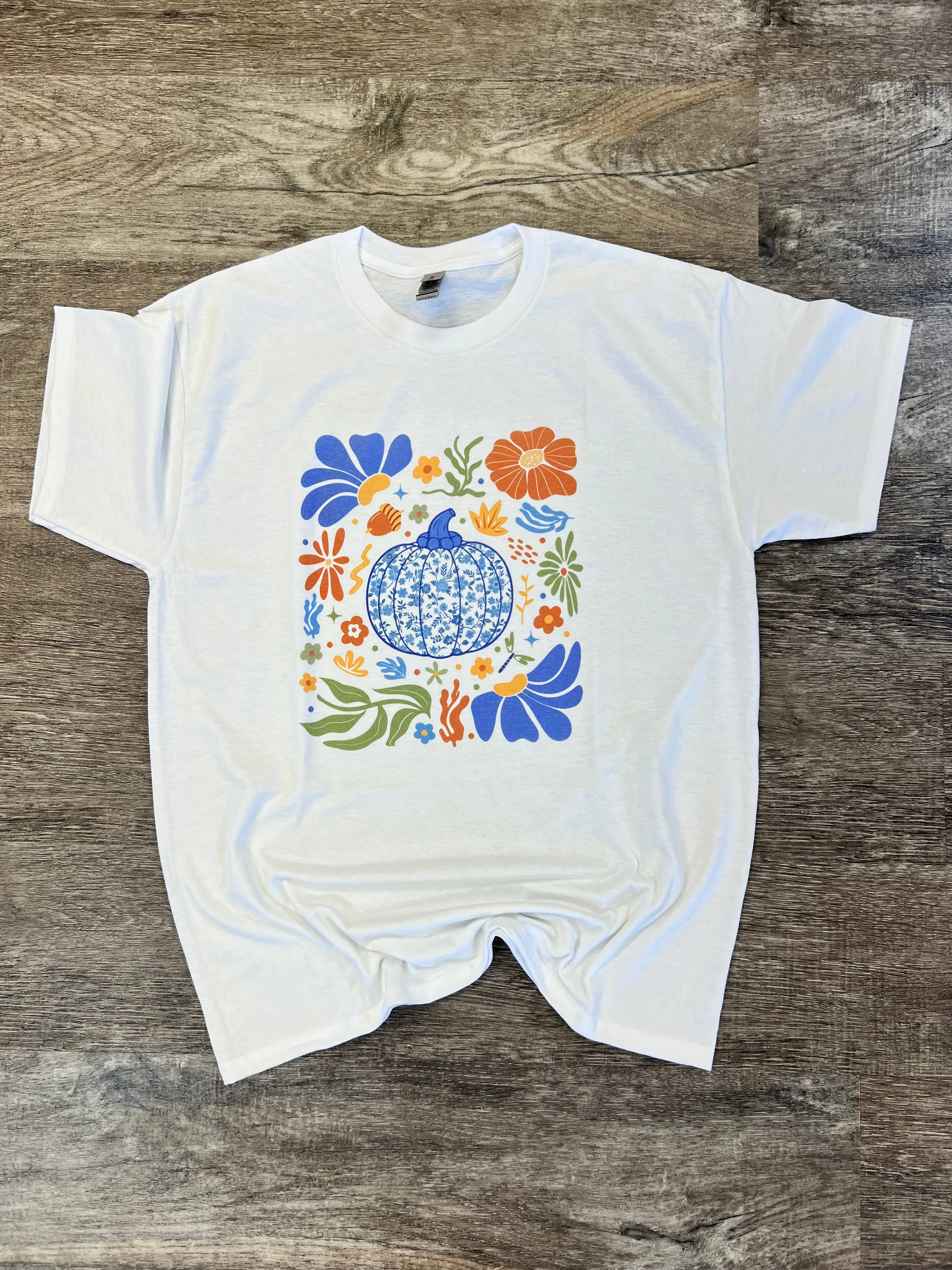Blue Floral Pumpkin On White Tee Hoodie, Sweatshirt | PodTeesHub.com