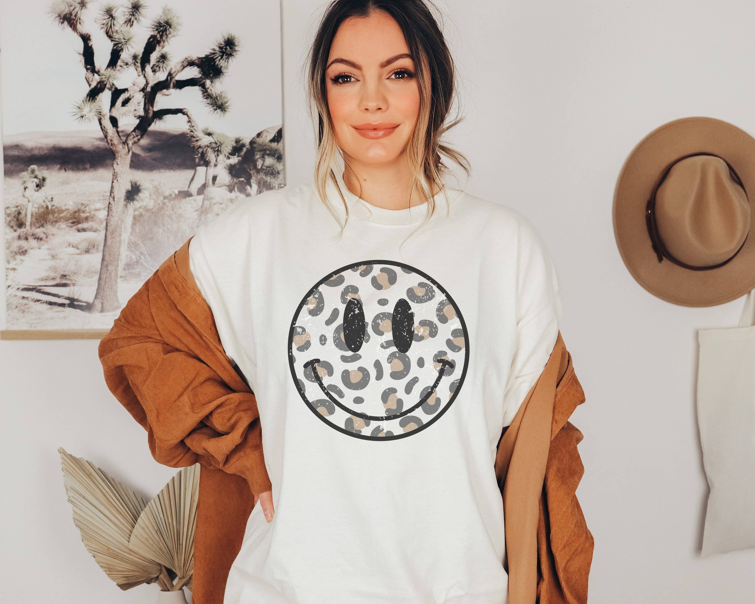 Brown Leopard Happy Face Tee | Retro Shirt Hoodie, Sweatshirt | PodTeesHub.com