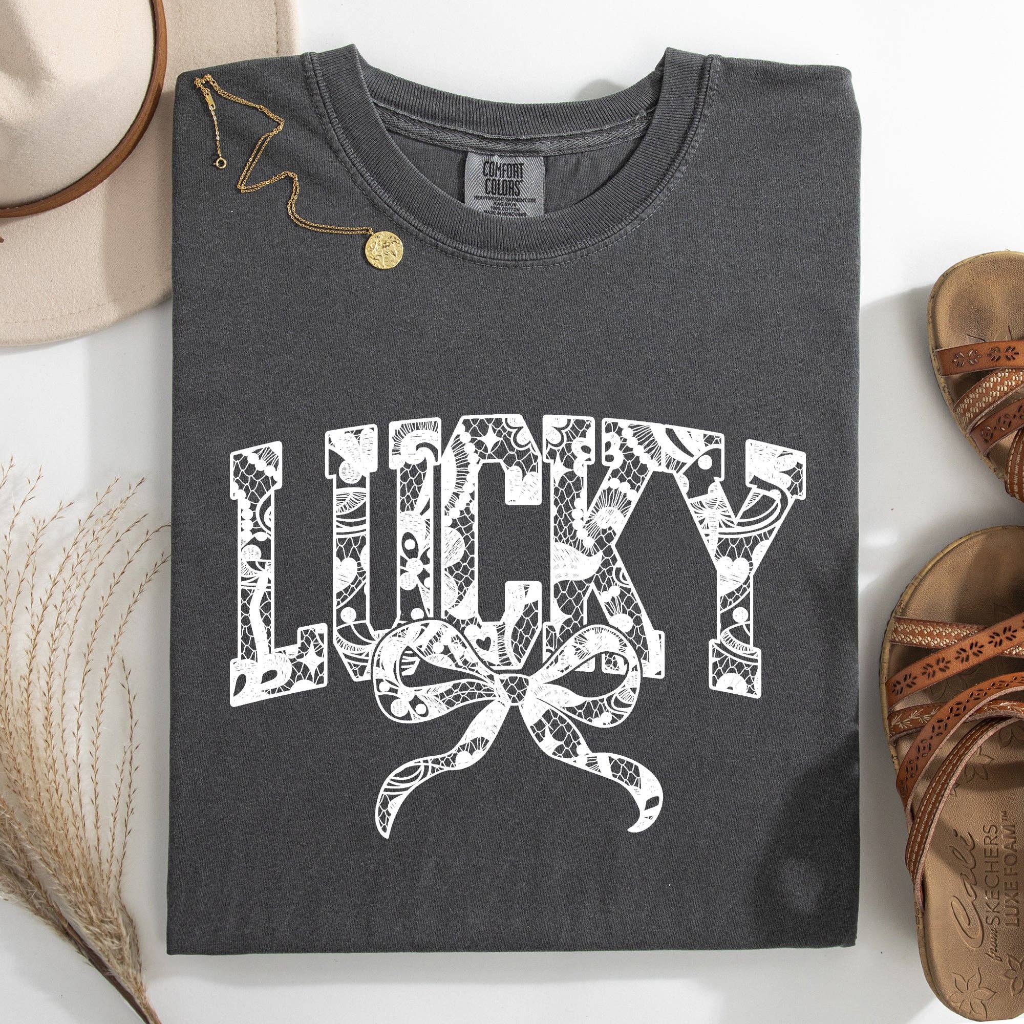 Lucky, Lace Coquette Ribbon St Patrick's Day Shamrock Tshirt Hoodie, Sweatshirt | PodTeesHub.com