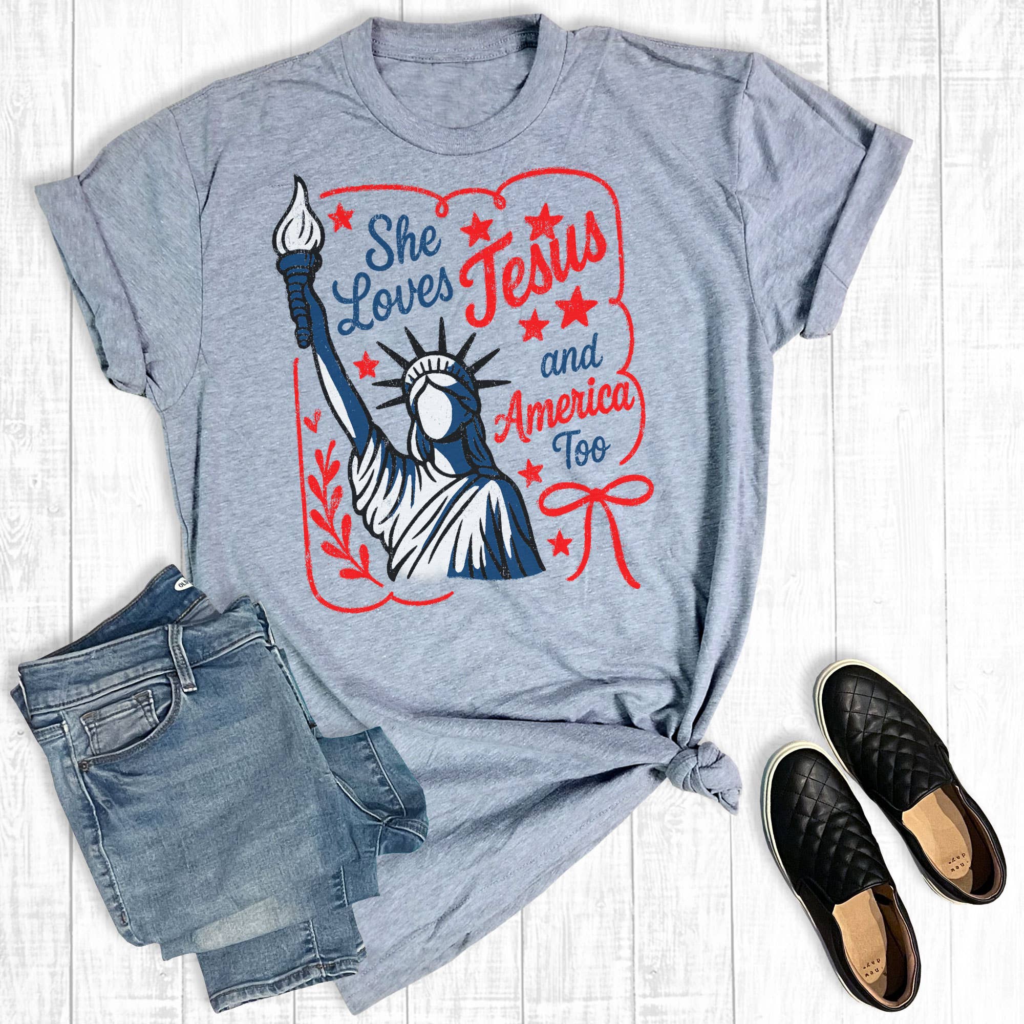 Fourth of July She Loves Jesus and America Too Graphic Tee Hoodie, Sweatshirt | PodTeesHub.com