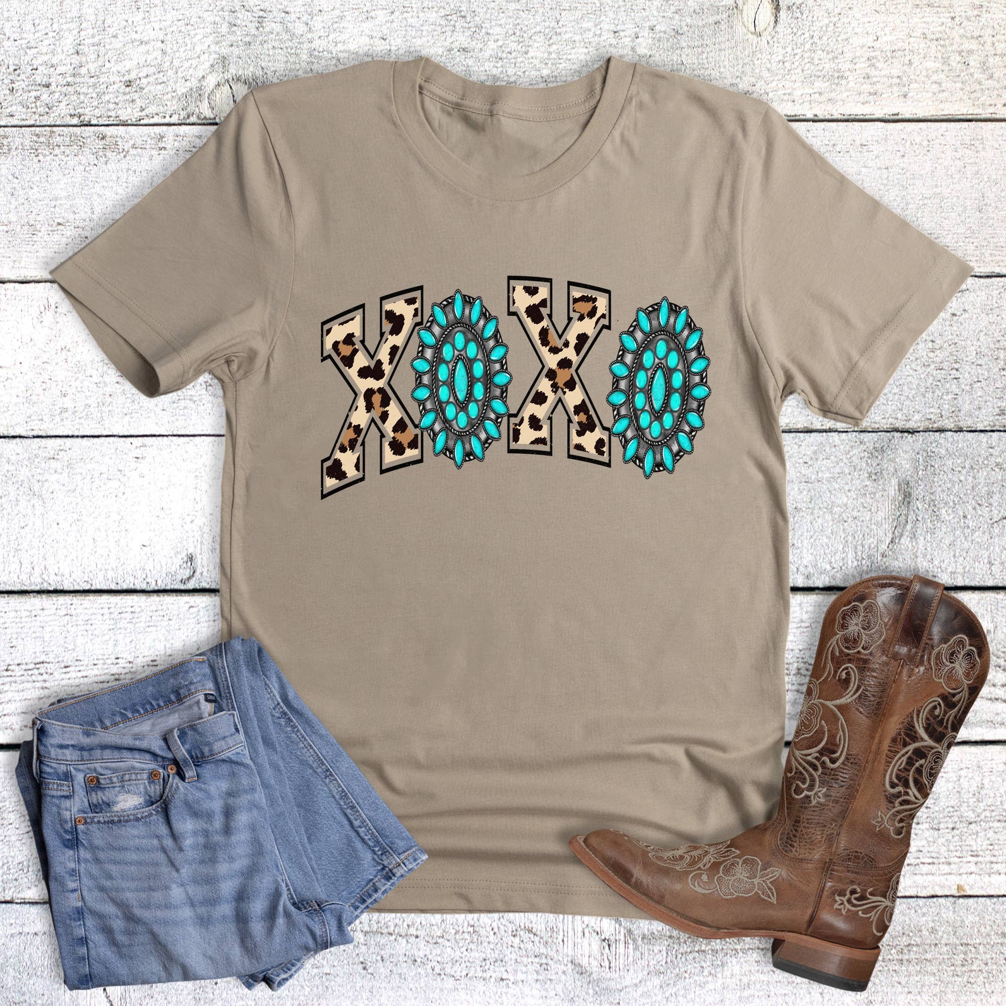 Valentine Western Leopard and Turquoise Xoxo Graphic Tee Hoodie, Sweatshirt | PodTeesHub.com