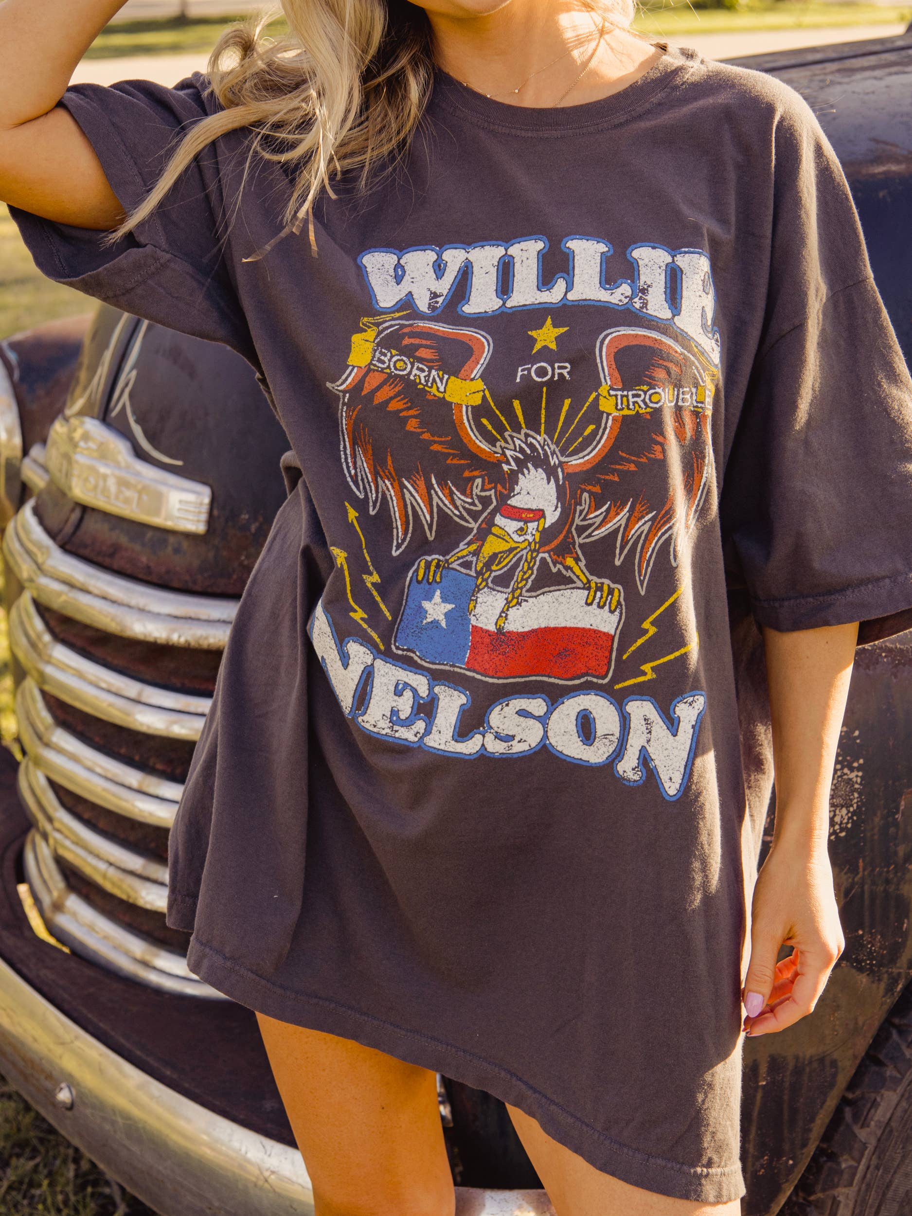 O/S Willie Nelson Born For Trouble Off Black Oversized Tee Hoodie, Sweatshirt | PodTeesHub.com