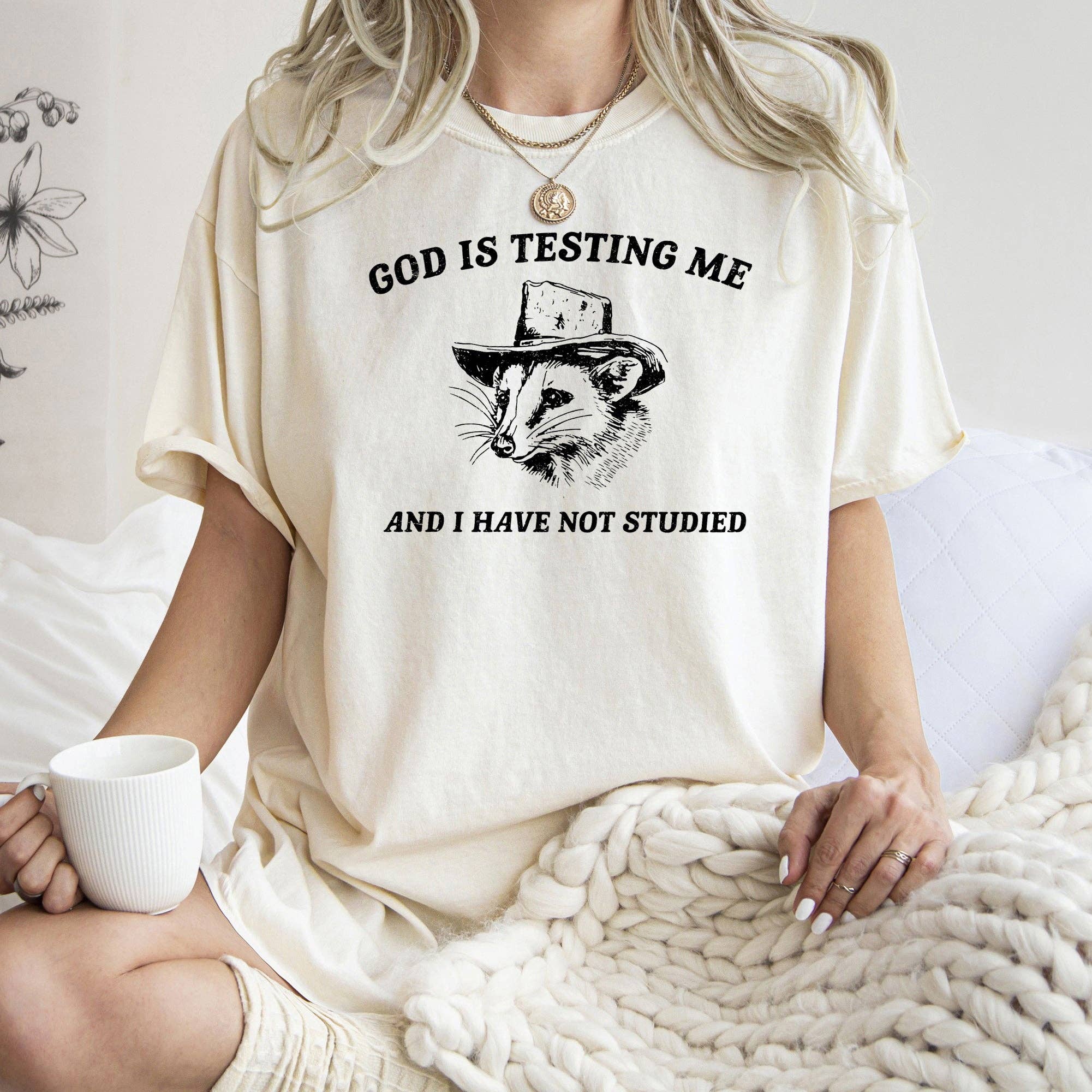 God Is Testing Me, Possum, Meme, Aesthetic, Funny, Comfort Colors Tshirt Hoodie, Sweatshirt | PodTeesHub.com