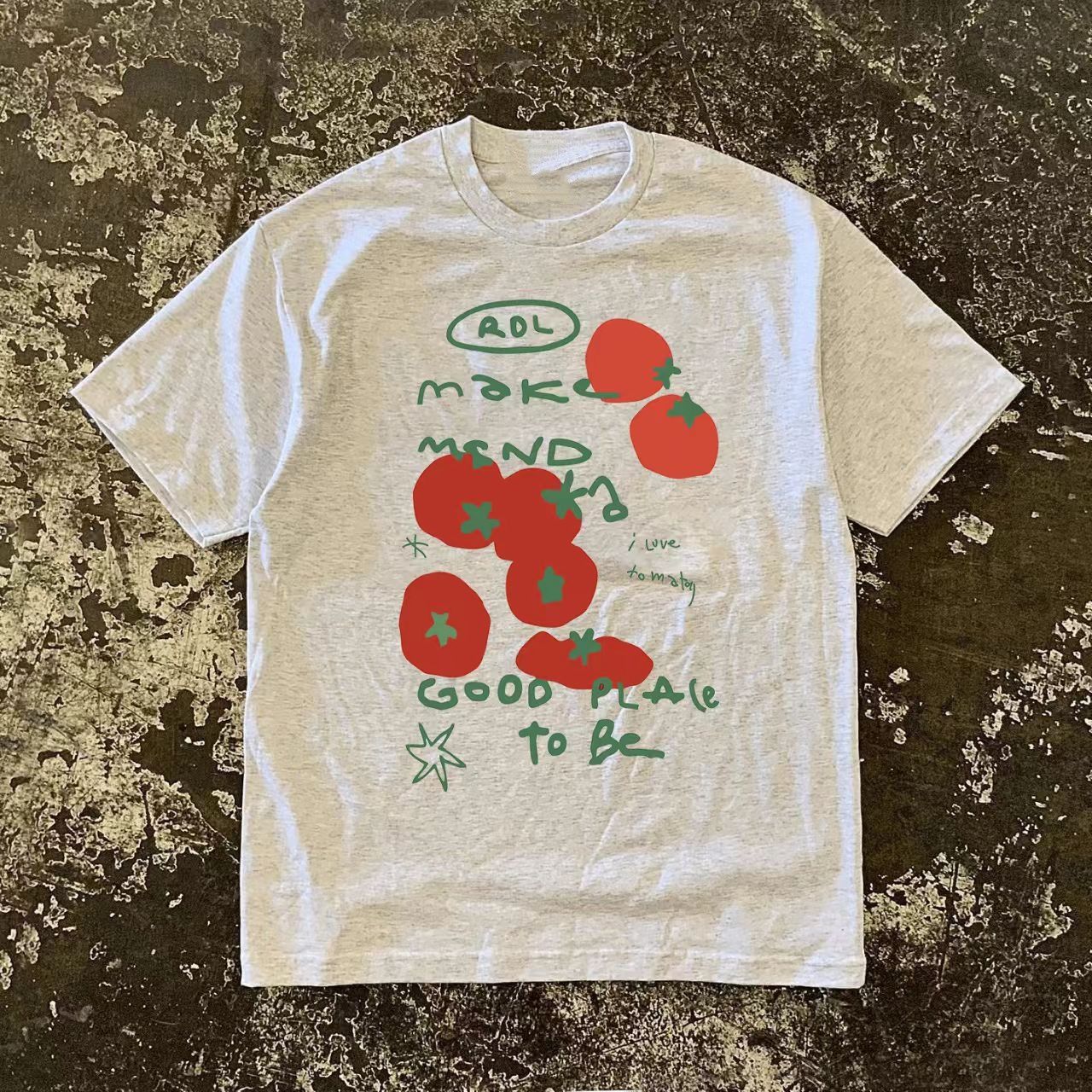Japanese Brand Grey Casual Retro Tomato Print T Shirt Hoodie, Sweatshirt | PodTeesHub.com