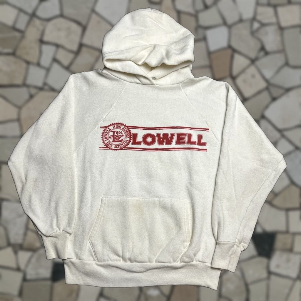 Vintage Lowell High San Francisco Raglan Pullover Sweatshirt Shirt Men L White Cotton Blend Hoodie | PodTeesHub.com