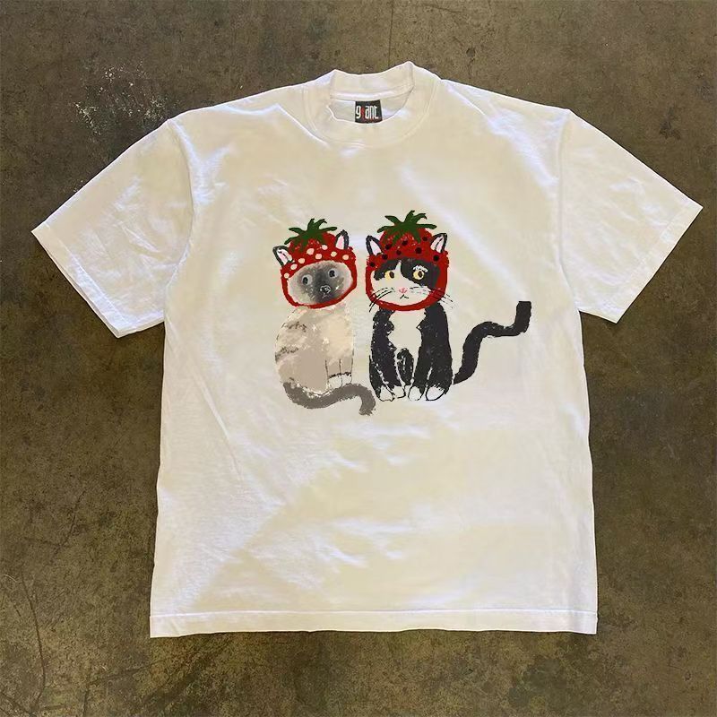 Japanese Brand White Retro Strawberry Cat Print T Shirt Hoodie, Sweatshirt | PodTeesHub.com