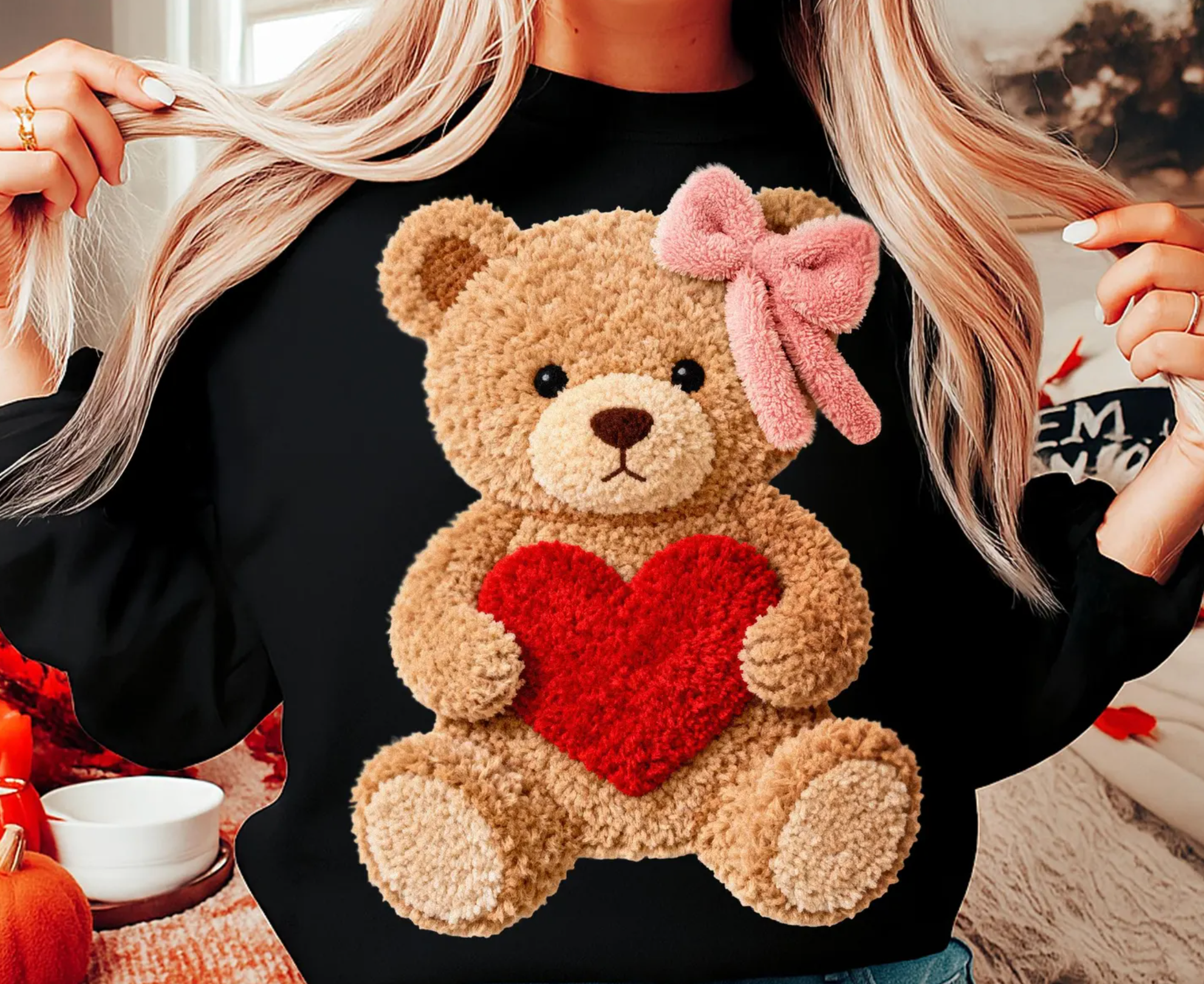 Faux Yarn Valentine's Day Teddy Bear Tee or Sweatshirt Hoodie | PodTeesHub.com