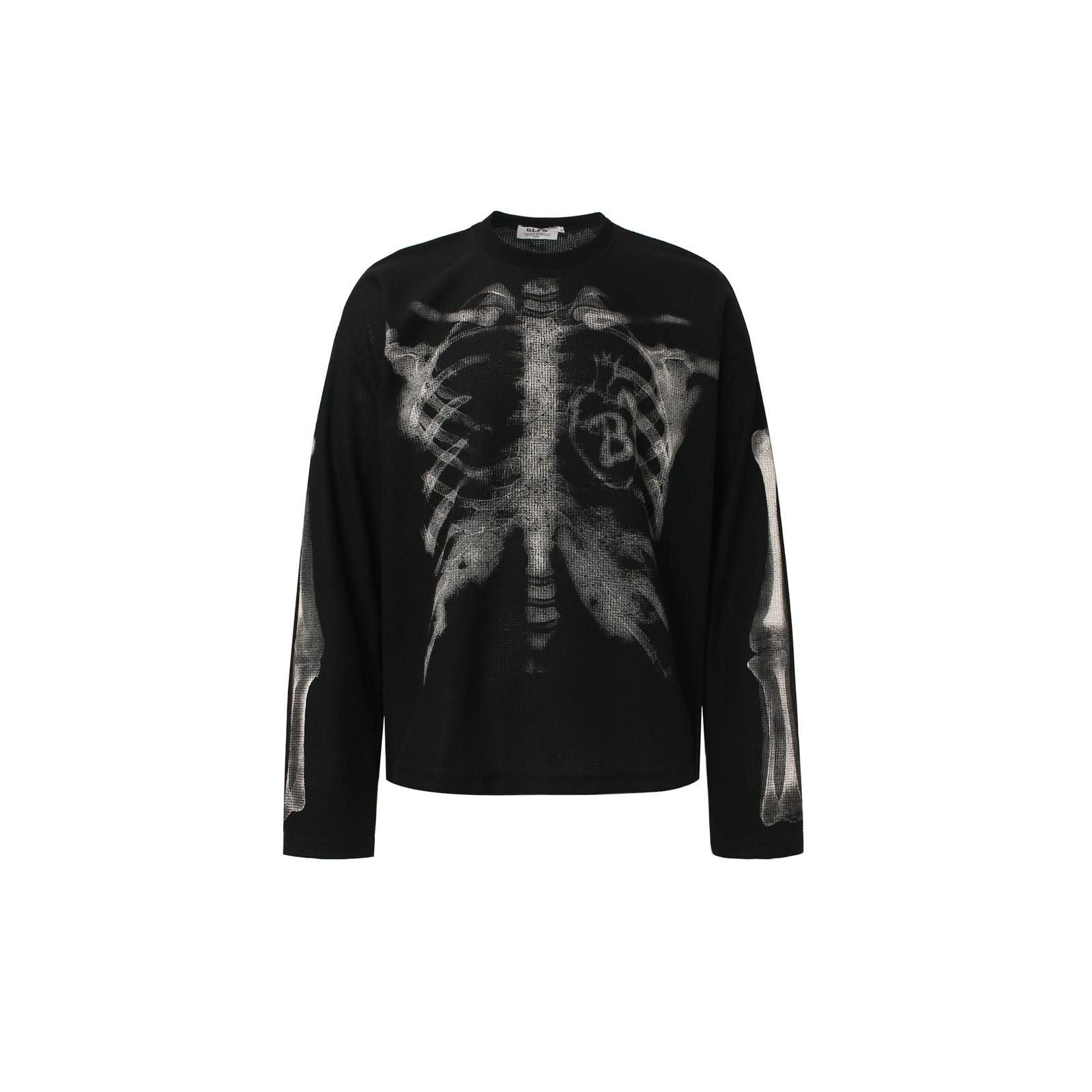 Japanese Brand Black Skeleton Print Long Sleeve Shirt Graphic Tee Hoodie, Sweatshirt | PodTeesHub.com