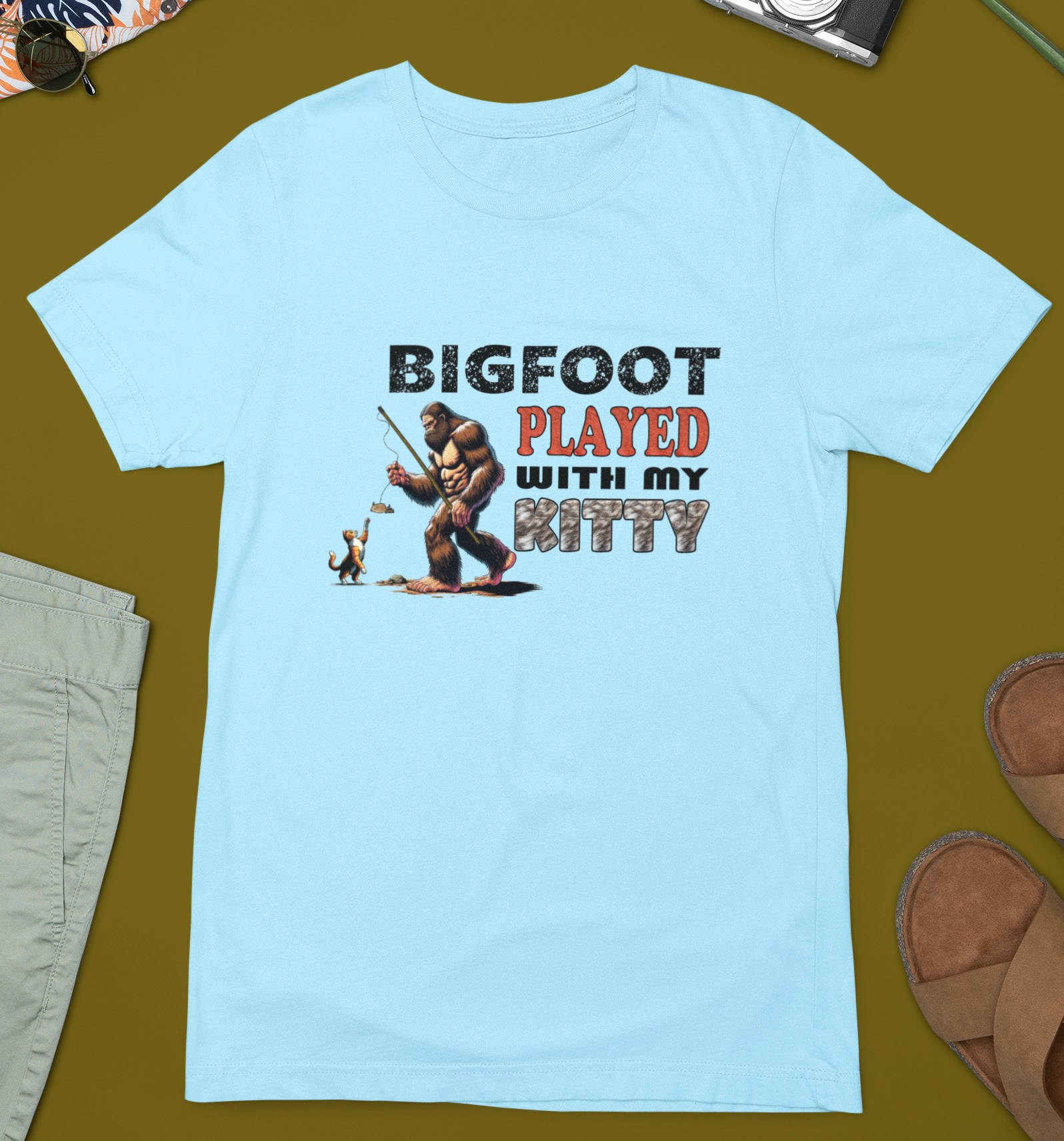 Bigfoot Played with My Kitty T-Shirt (Light Blue) Hoodie, Sweatshirt | PodTeesHub.com