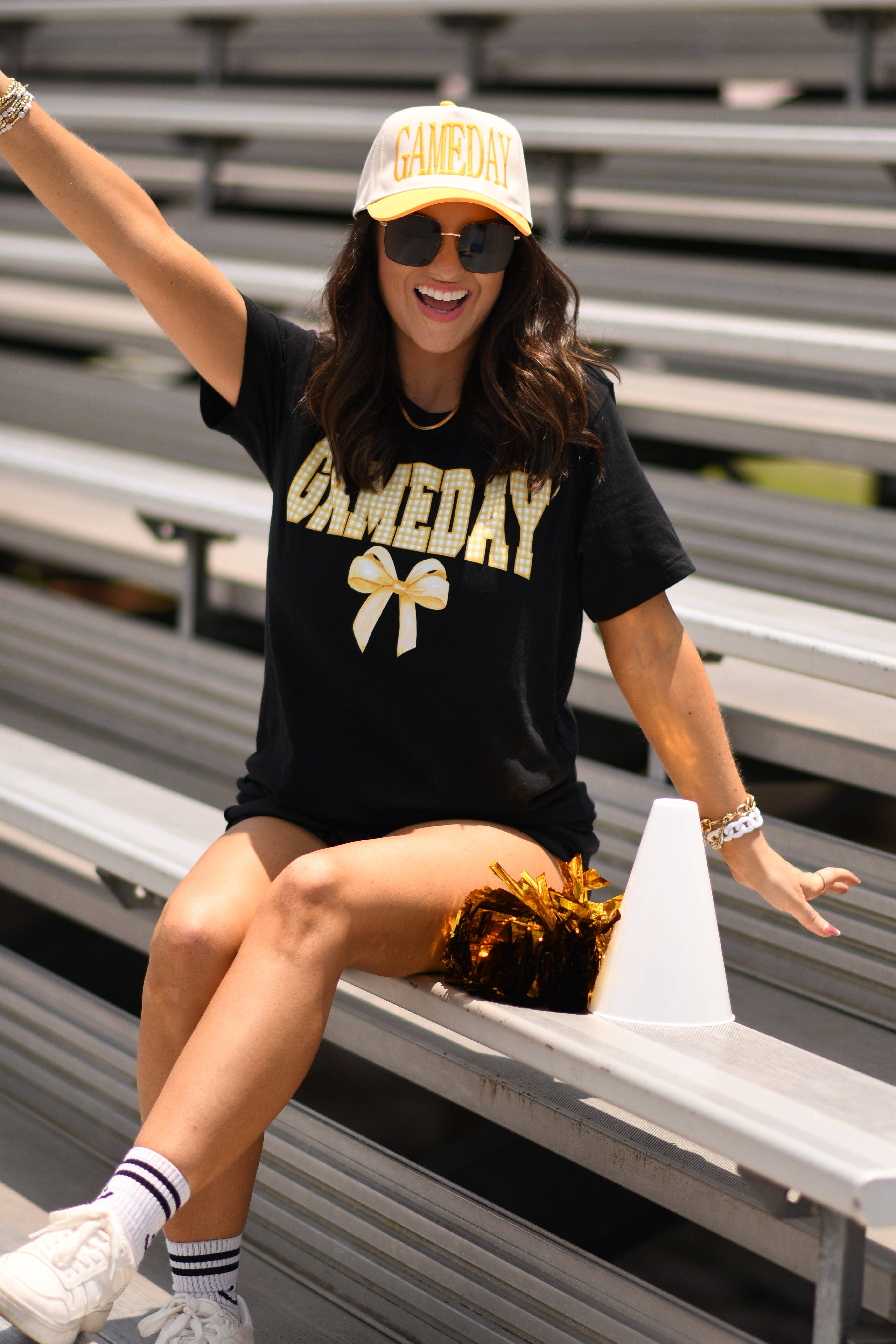 Gold Game Day Gingham Bow Tee Hoodie, Sweatshirt | PodTeesHub.com