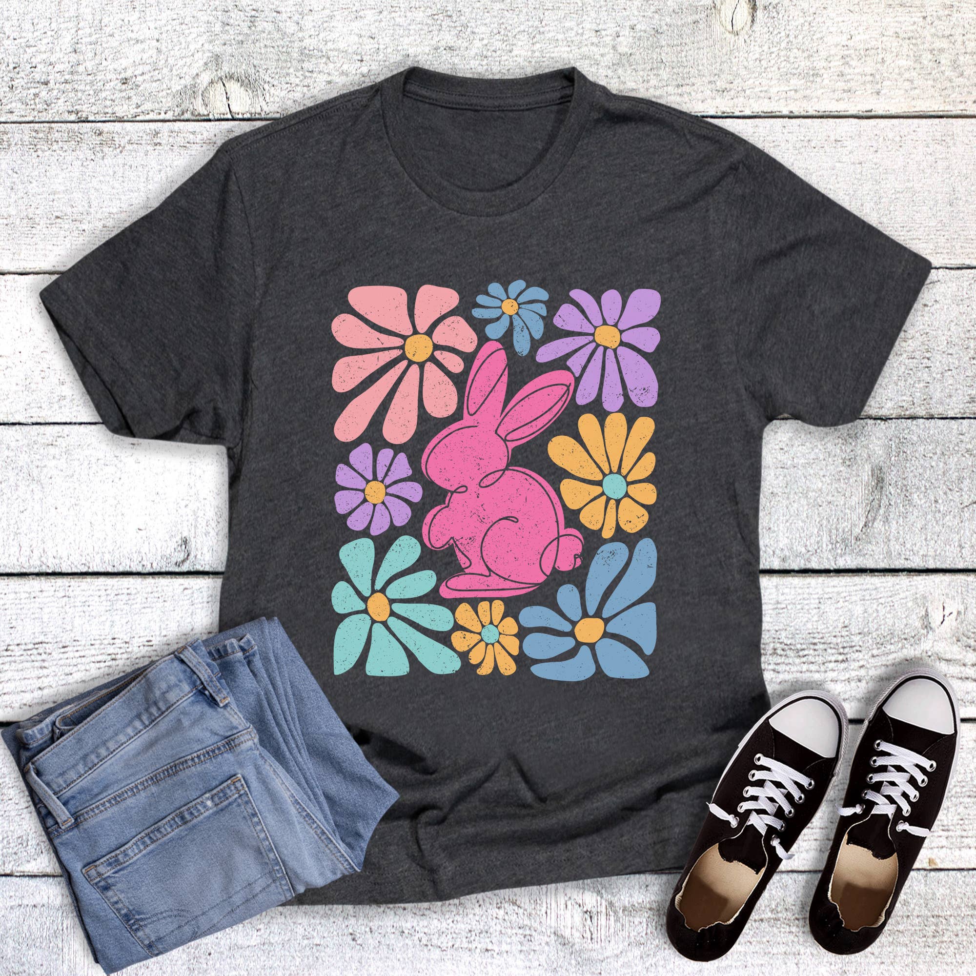 Easter Boho Floral Bunny Graphic Tee Hoodie, Sweatshirt | PodTeesHub.com