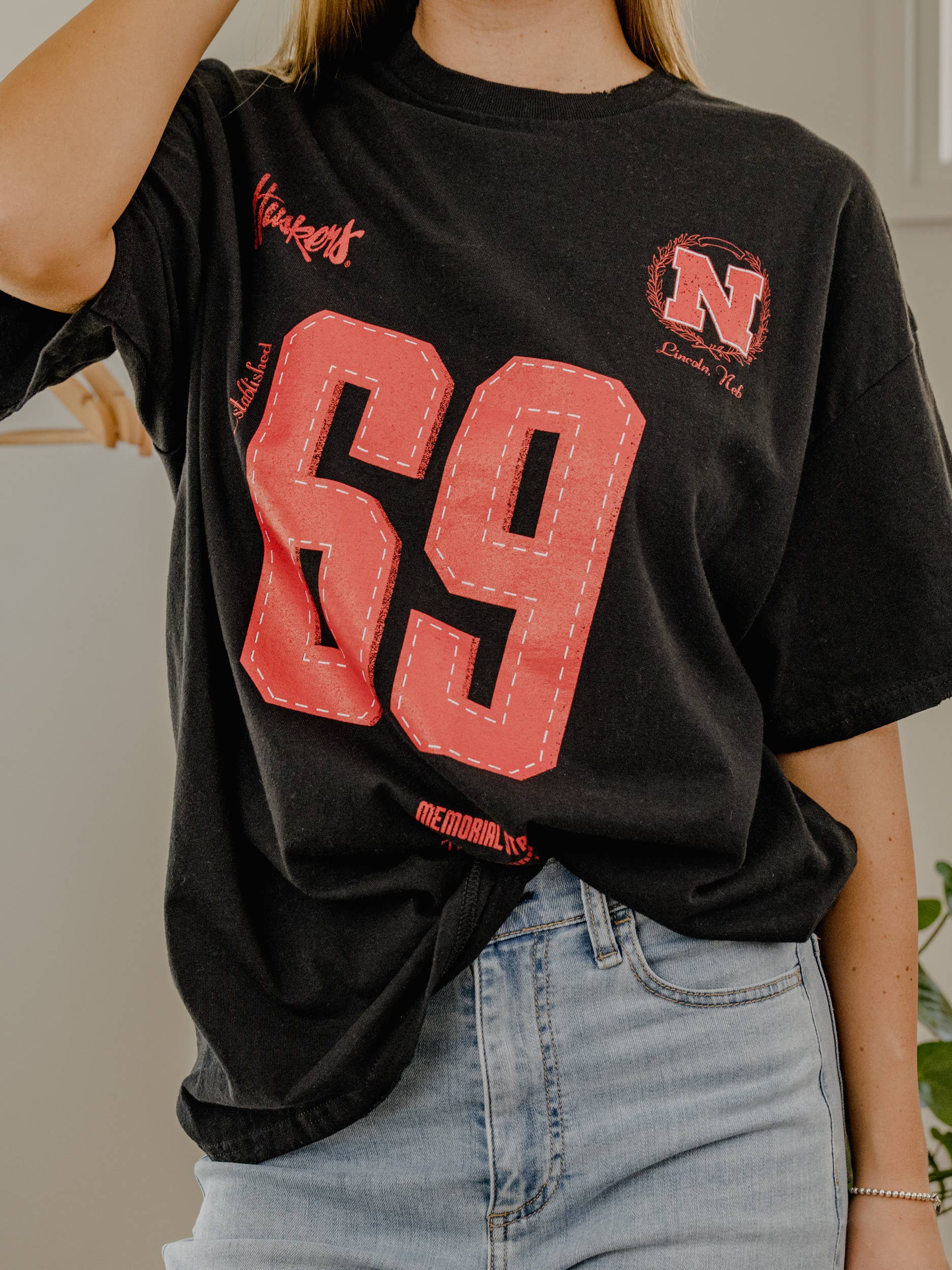 Nebraska Corn Huskers Crest Stamp Black Thrifted Tee Hoodie, Sweatshirt | PodTeesHub.com