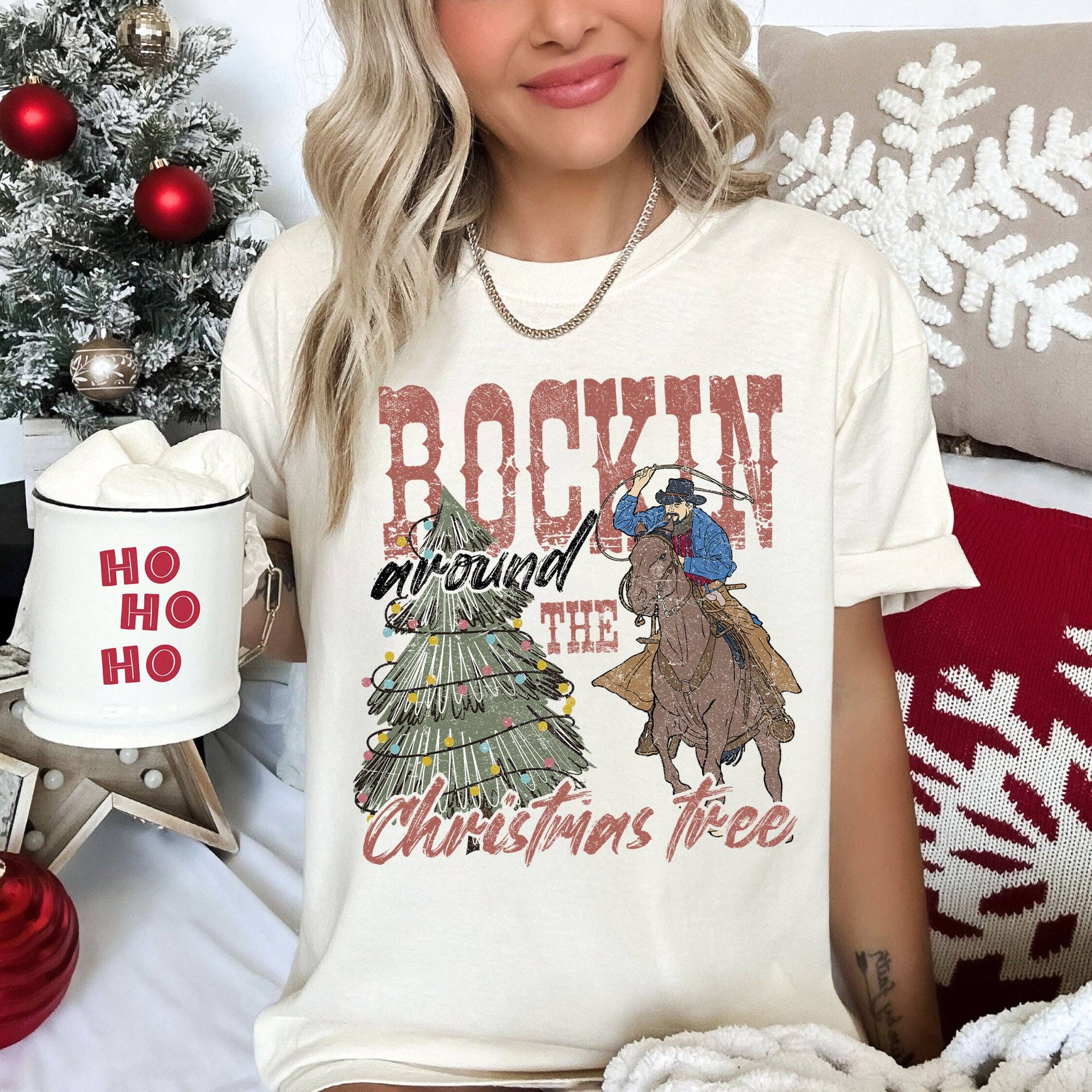 Rocking Around the Christmas Tree, Cowboy, Cowgirl, Tshirt Hoodie, Sweatshirt | PodTeesHub.com