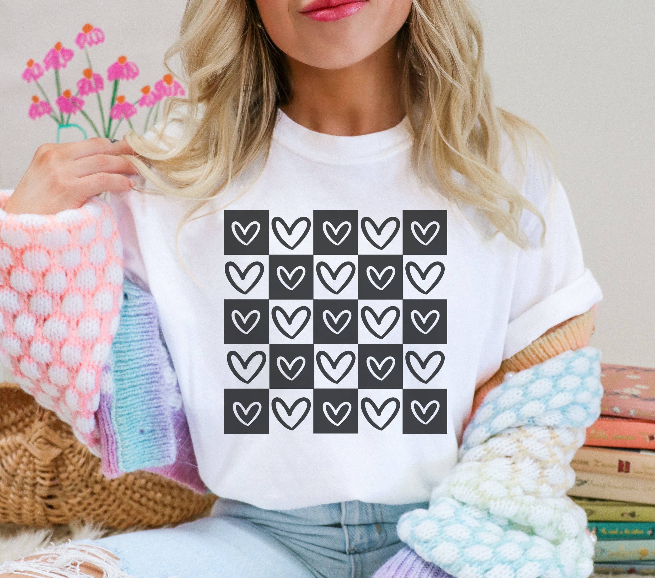 Hearts Checkerboard | Valentines Day Graphic Tee Hoodie, Sweatshirt | PodTeesHub.com
