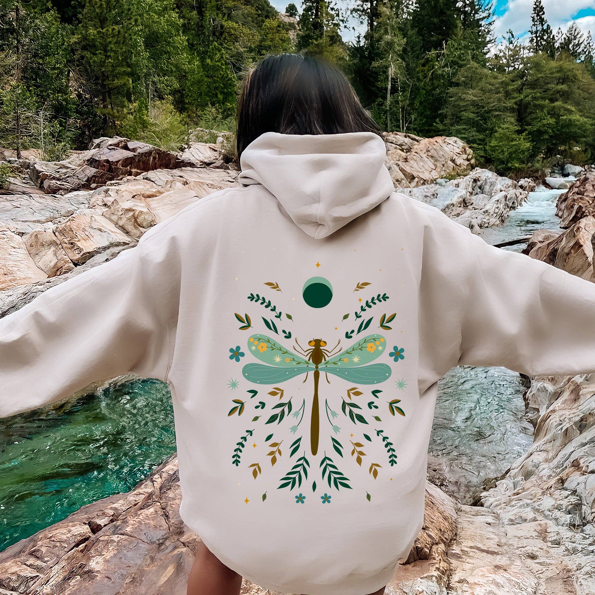 Floral Night Sky, Dragonfly, Moon, and Blooms Hoodie T-Shirts, Sweatshirt | PodTeesHub.com