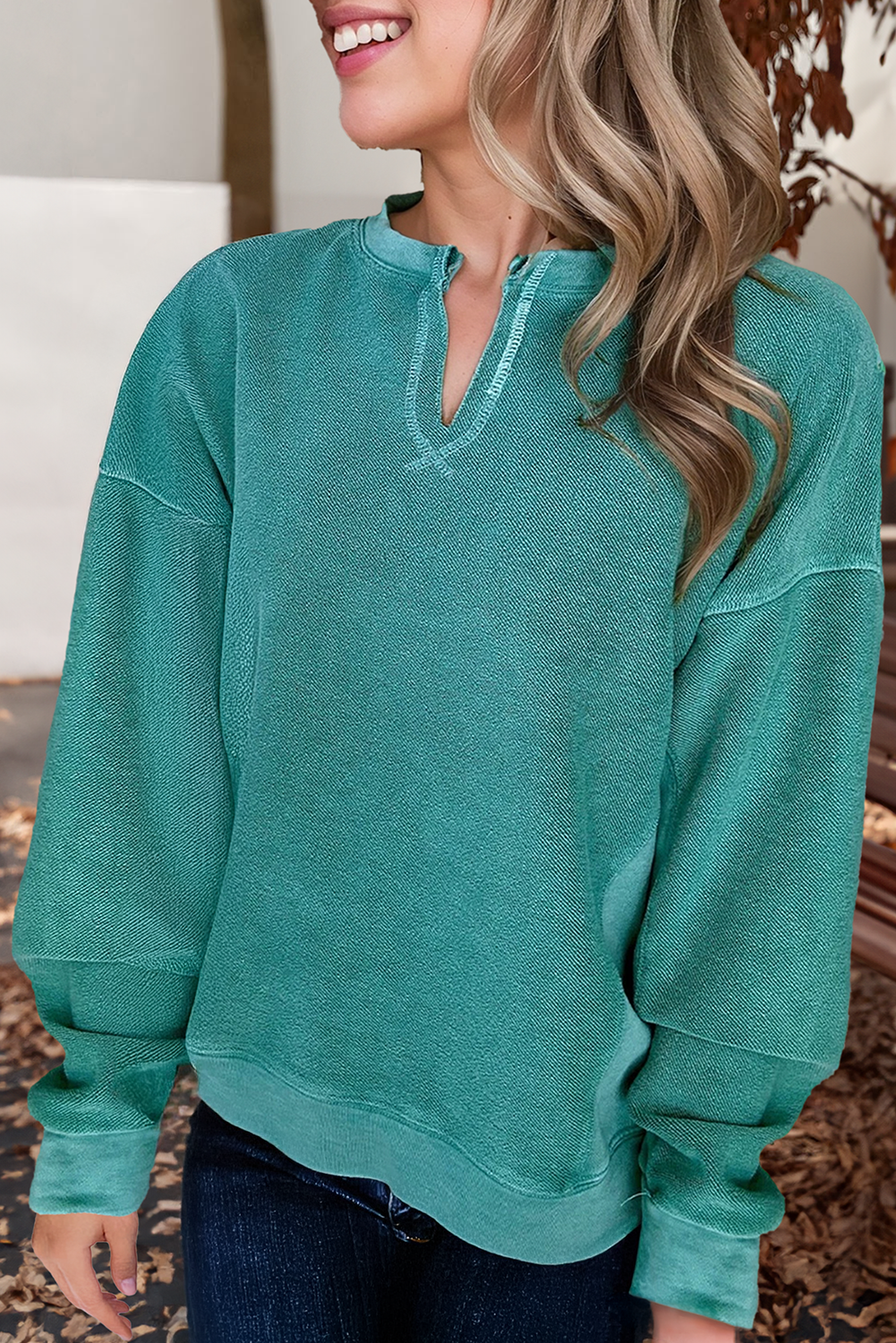 Casual Notched V Neck Long Sleeve Sweatshirt (S-Xl) T-Shirts, Hoodie | PodTeesHub.com