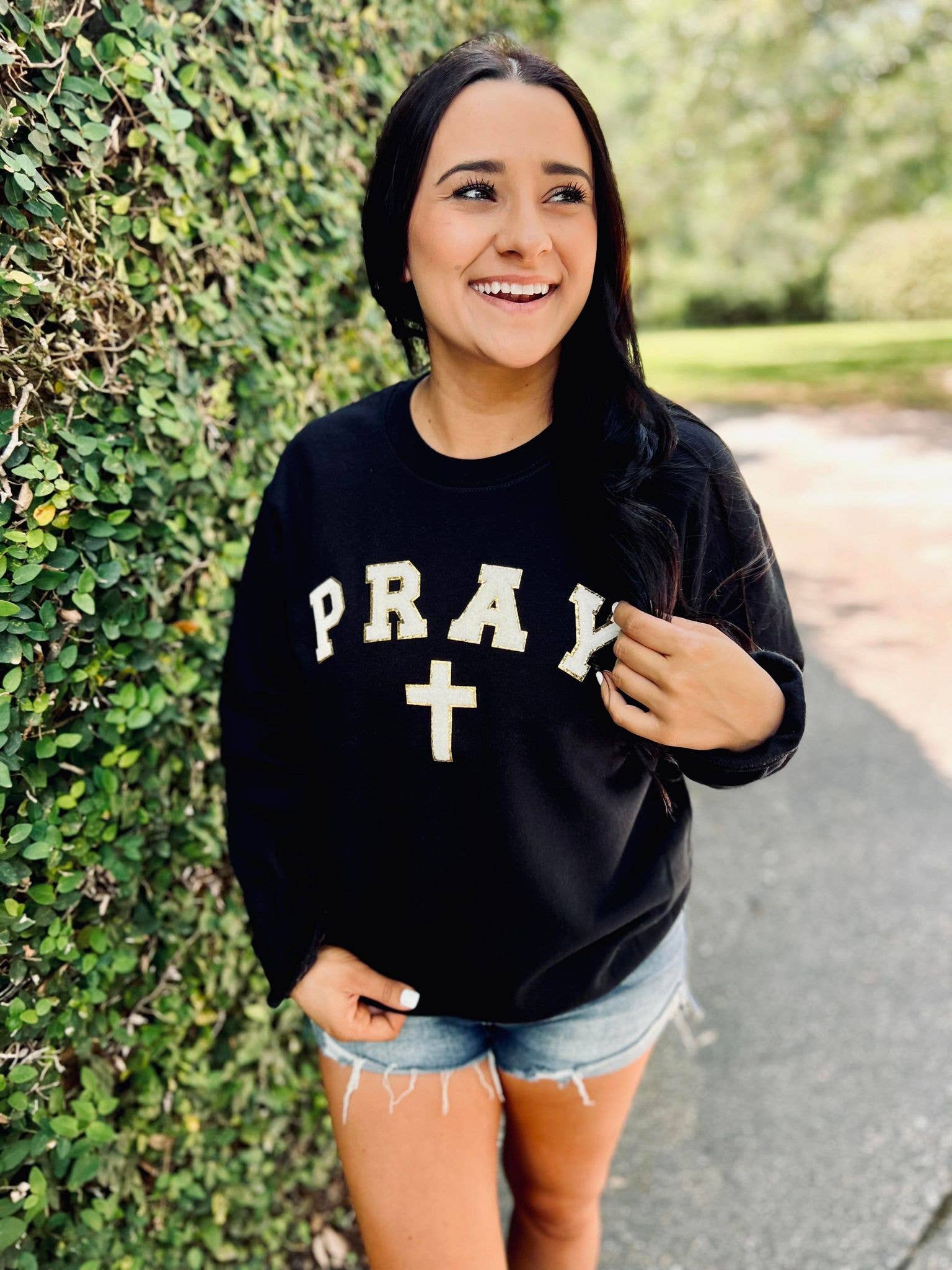 Pray Cross Curved Chenille Patch Sweatshirt T-Shirts, Hoodie | PodTeesHub.com
