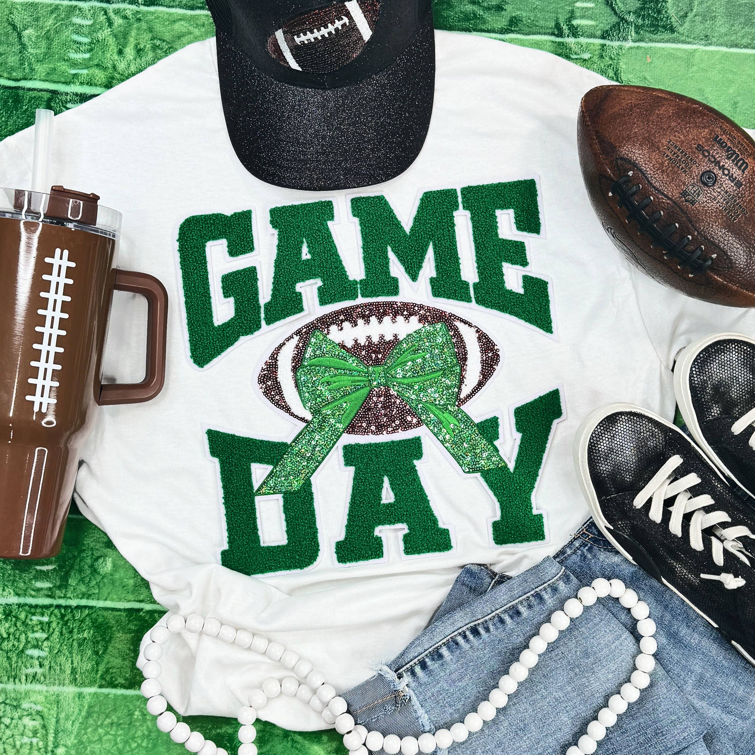 Green Chenille Football Game Day with Sequin Bow Patch White Everyday Tee Hoodie, Sweatshirt | PodTeesHub.com