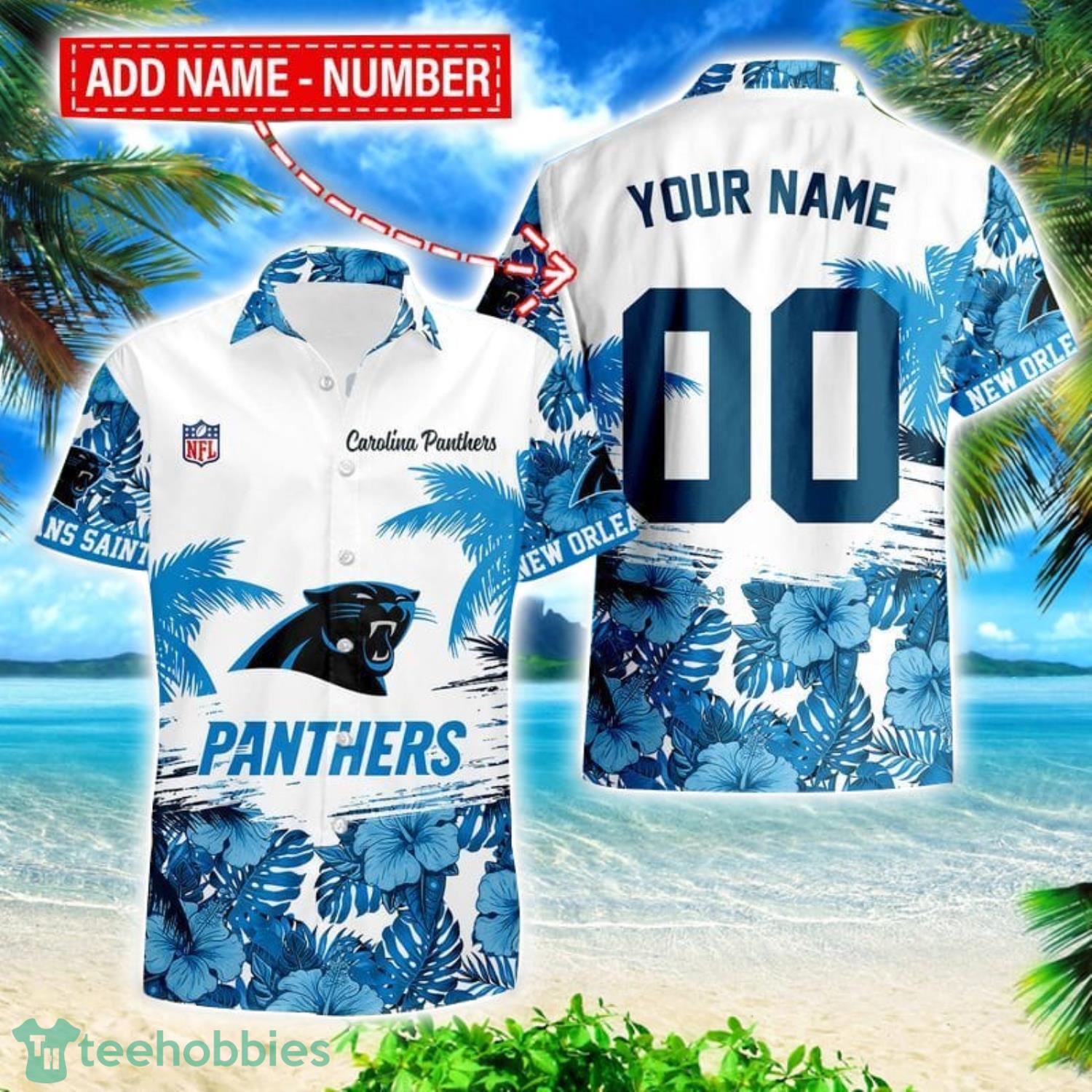 Carolina Panthers Hibiscus Flower Hawaii Shirt and Shorts Summer Beach Shirt Custom Name And Number