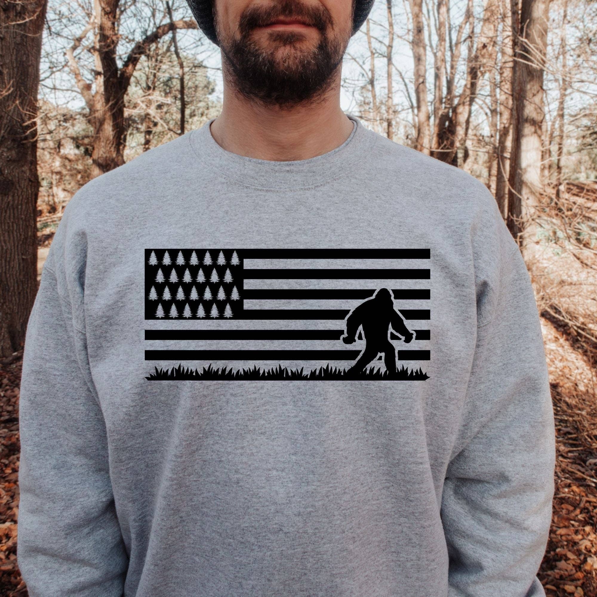 Bigfoot American Flag Sasquatch Trees Hoodie Unisex T-Shirts, Sweatshirt | PodTeesHub.com