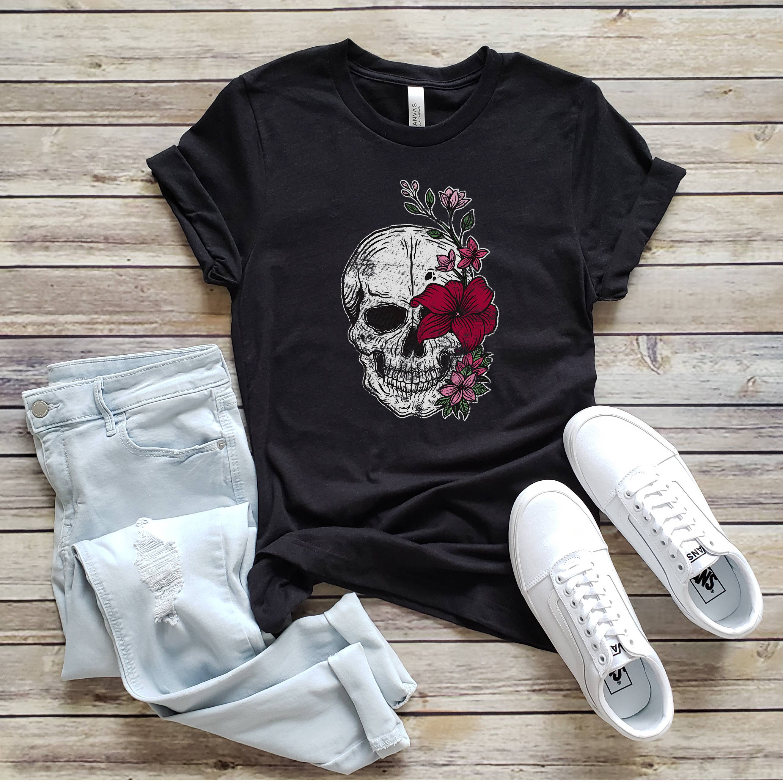 Red Floral Skeleton Tee | Halloween | Sizes XS-2XL Hoodie, Sweatshirt | PodTeesHub.com