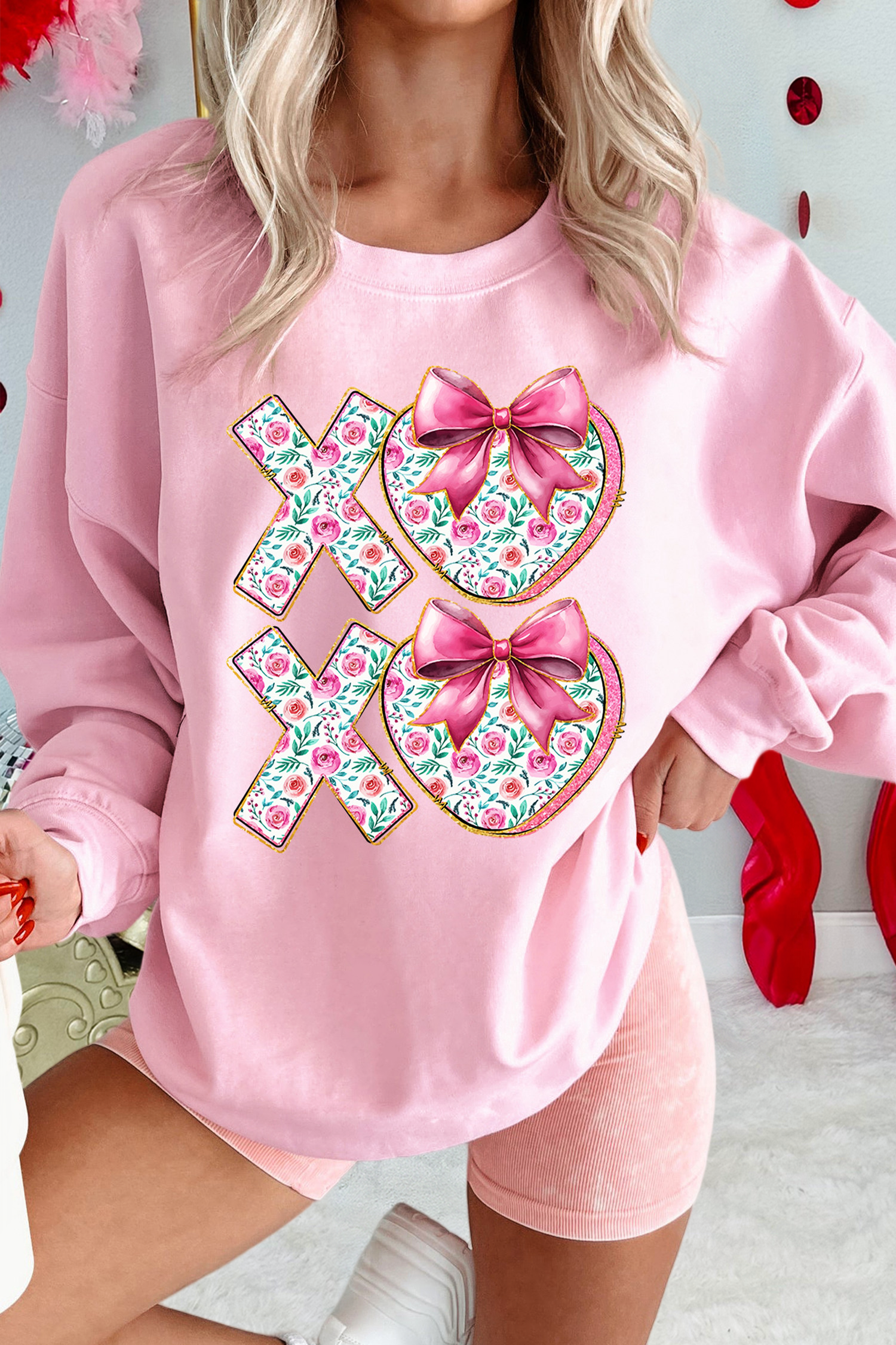 Bow Floral Printed Valentines Day Xoxo Sweatshirt (S-2XL) T-Shirts, Hoodie | PodTeesHub.com