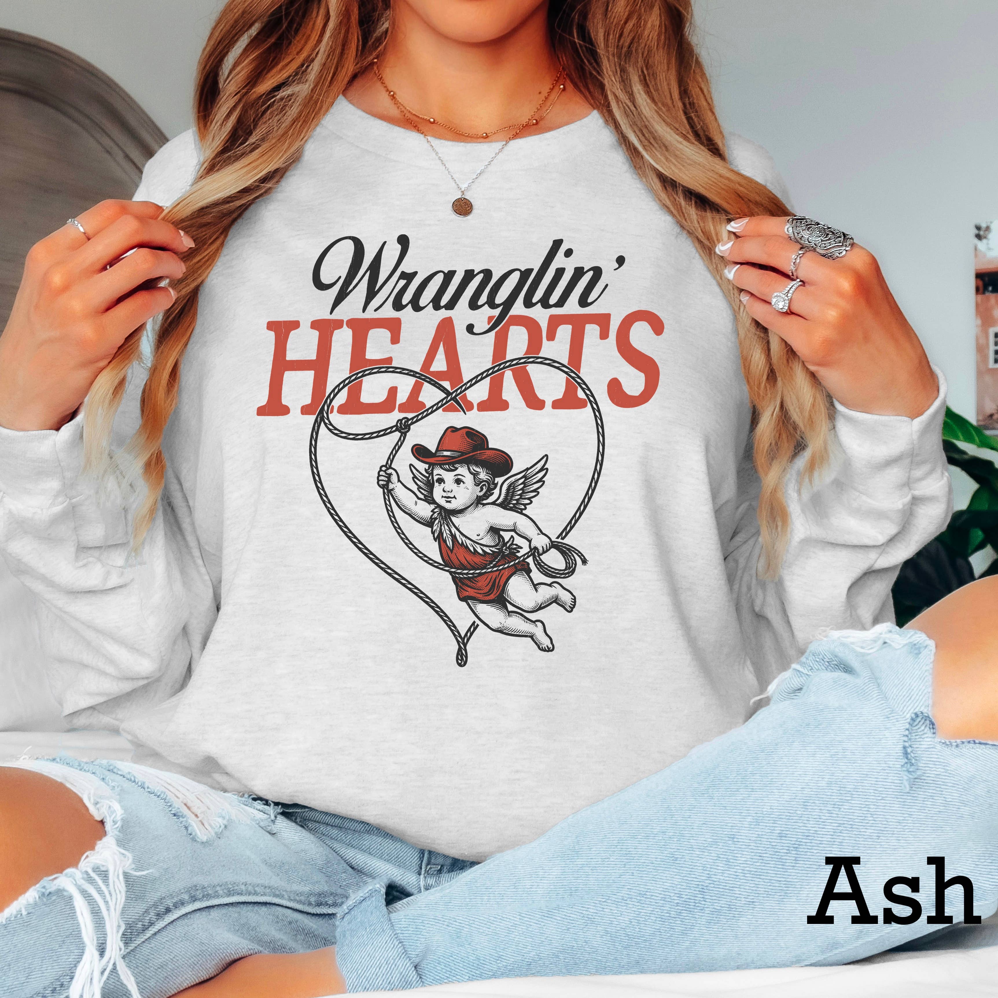 Wranglin Hearts Valentine’S Day Long Sleeve Shirt | Gildan Hoodie, Sweatshirt | PodTeesHub.com