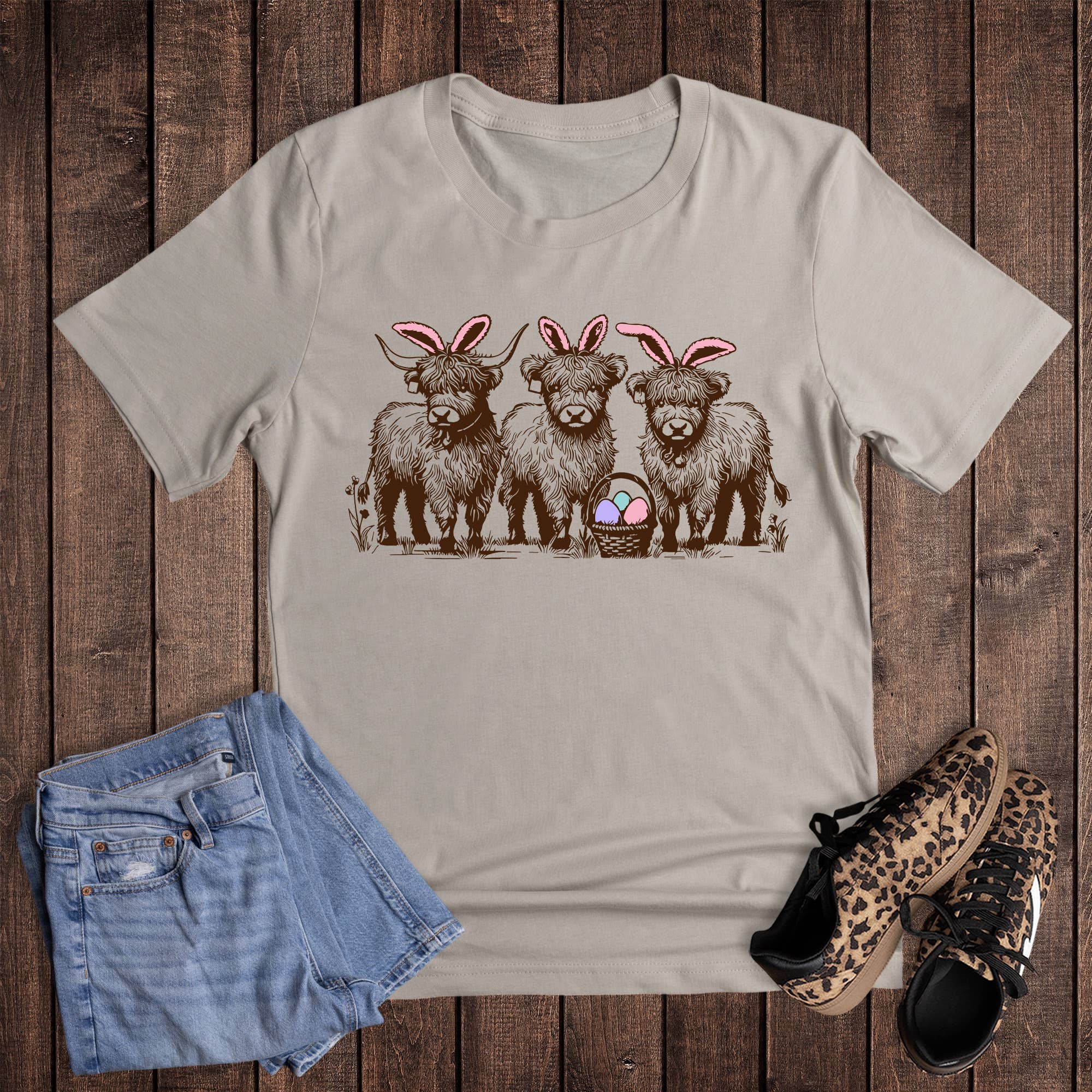 Easter Highland Cow Bunnies Graphic Tee Hoodie, Sweatshirt | PodTeesHub.com