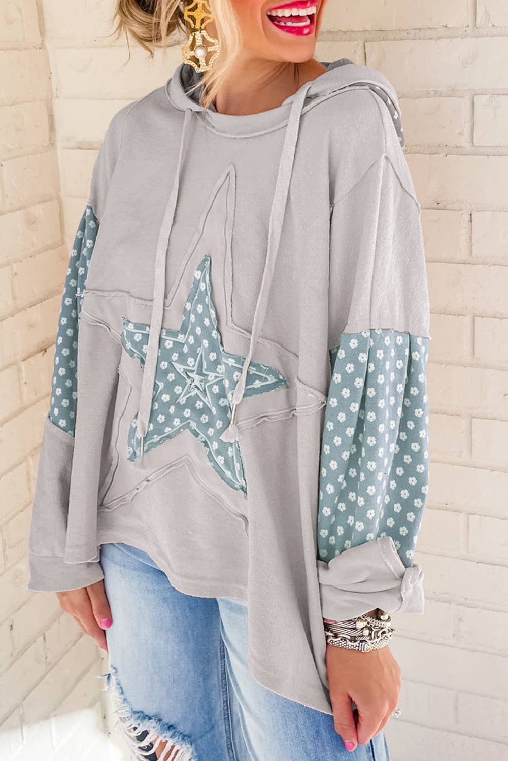 Boho Floral Patchwork Star Pattern Drawstring Hoodie (S-4X) T-Shirts, Sweatshirt | PodTeesHub.com