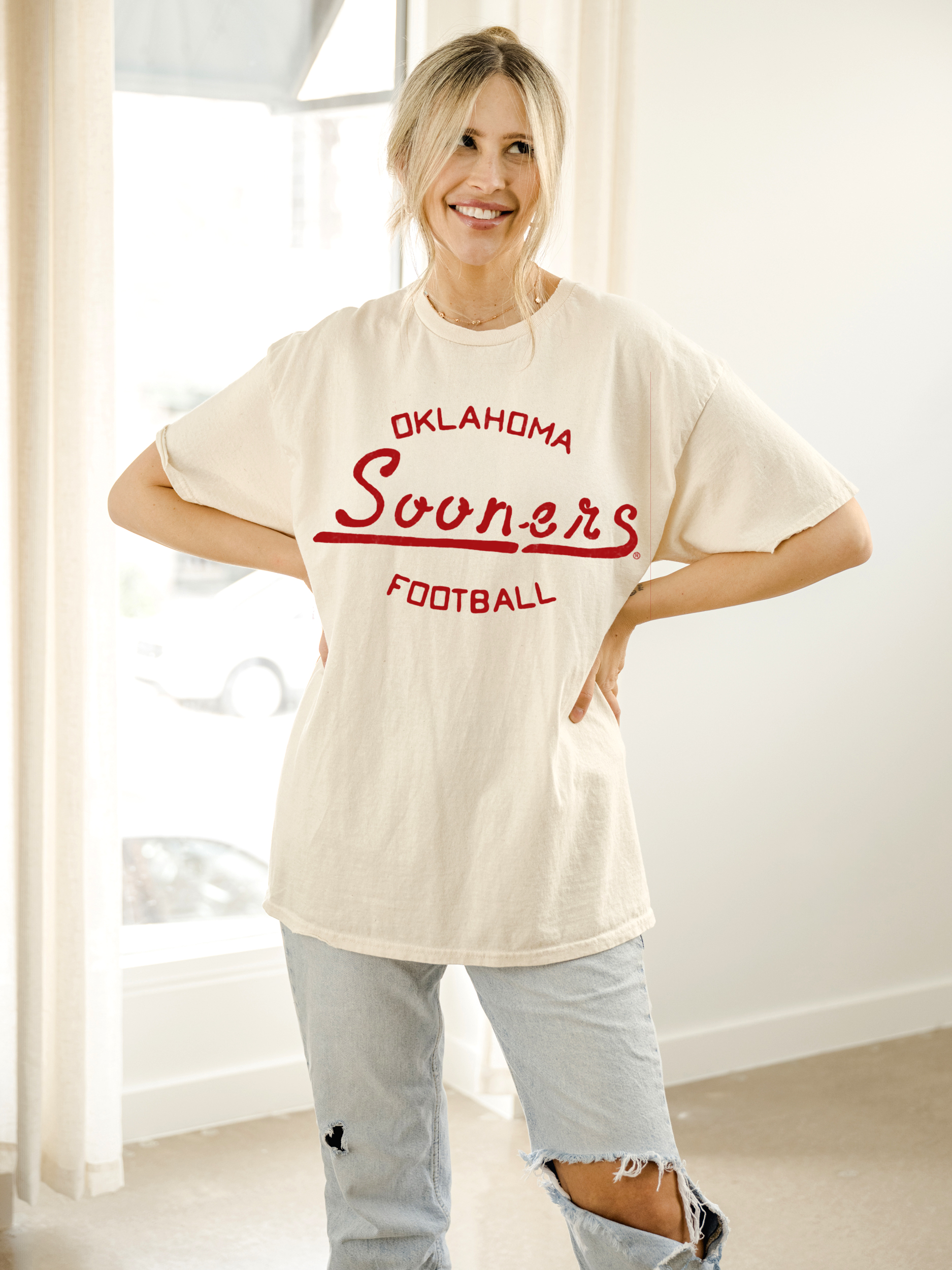Ou Oklahoma Sooners Football Stencil Off White Thrifted Tee Hoodie, Sweatshirt | PodTeesHub.com