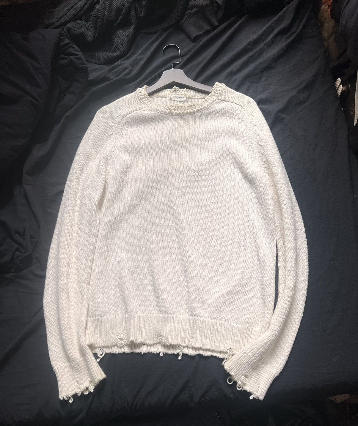 Laurent Paris Saint Laurent White Distressed Sweater Sweatshirt T-Shirts, Hoodie | PodTeesHub.com