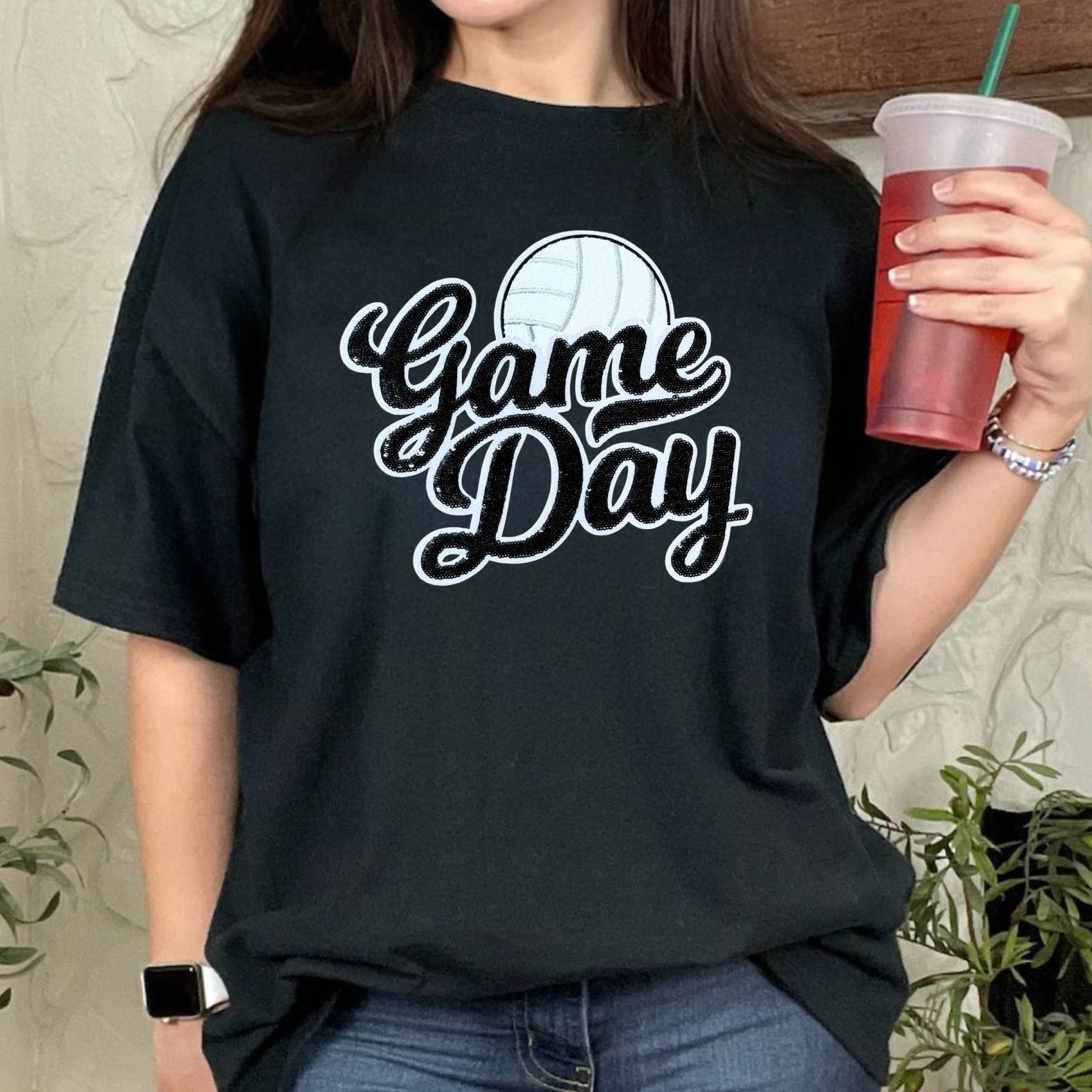 Black Sequin Volleyball Game Day Patch Black Everyday Tee Hoodie, Sweatshirt | PodTeesHub.com