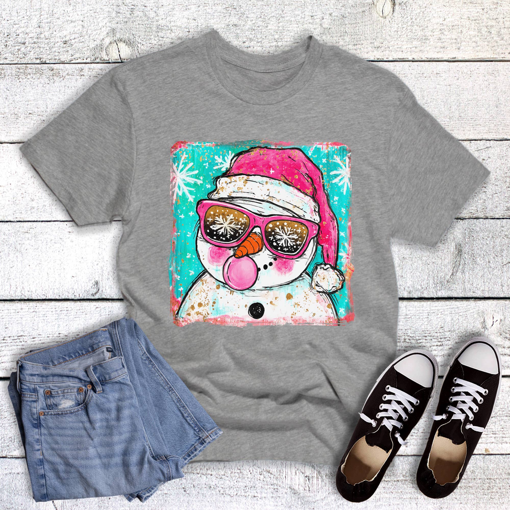 Christmas Watercolor Bubblegum Snowman Graphic Tee Hoodie, Sweatshirt | PodTeesHub.com