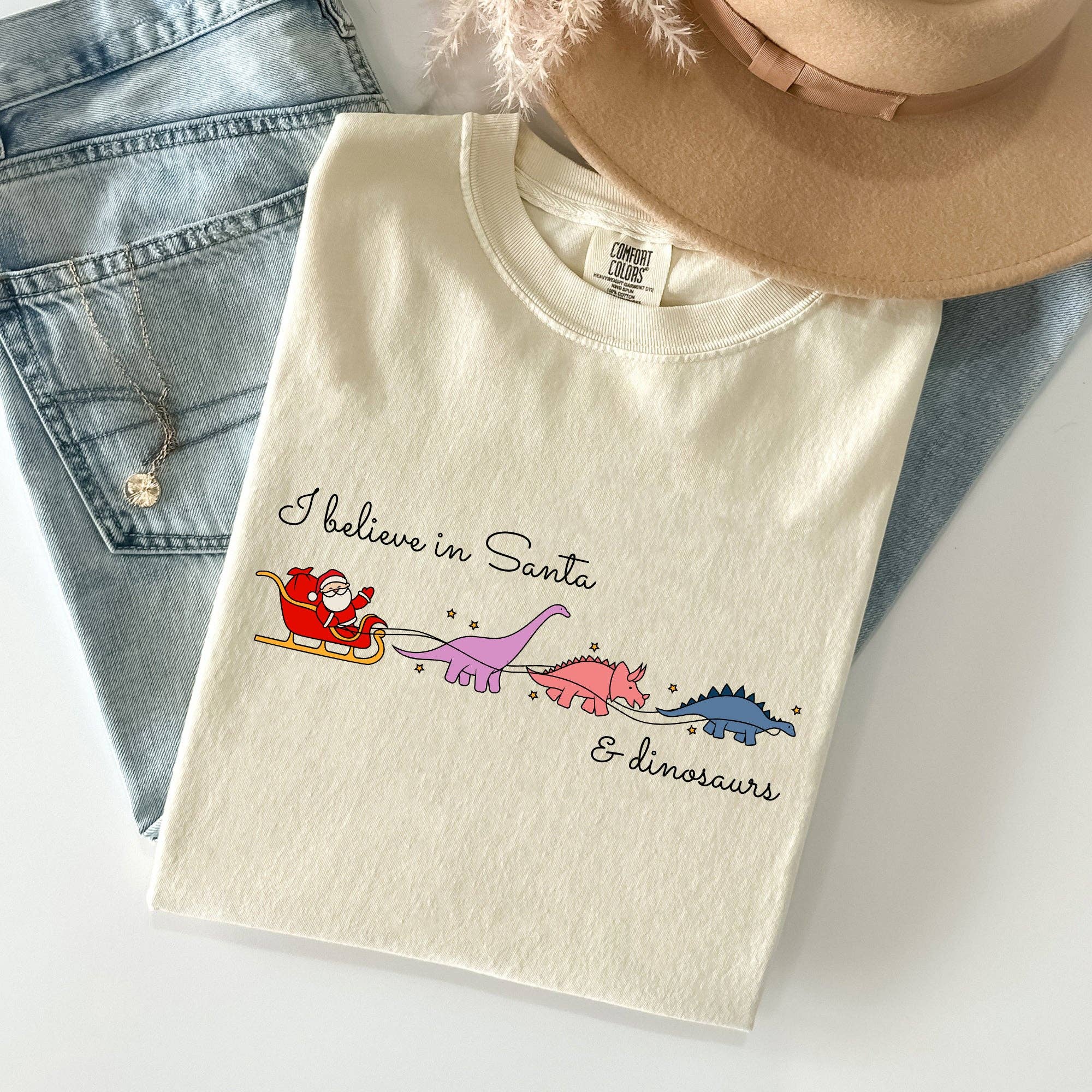 I Believe in Santa and Dinosaurs, Reindeer Christmas Tshirt Hoodie, Sweatshirt | PodTeesHub.com